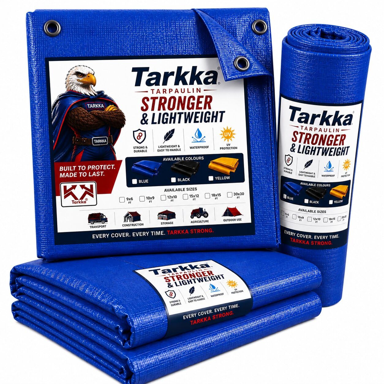 Tarkka 18x15ft Blue Tarpaulin Sheet, 120 GSM Virgin Waterproof Tirpal/Tadpatri Cover with Reinforced Eyelets & UV Protection for Home, Farm & Truck, 1 Sheet