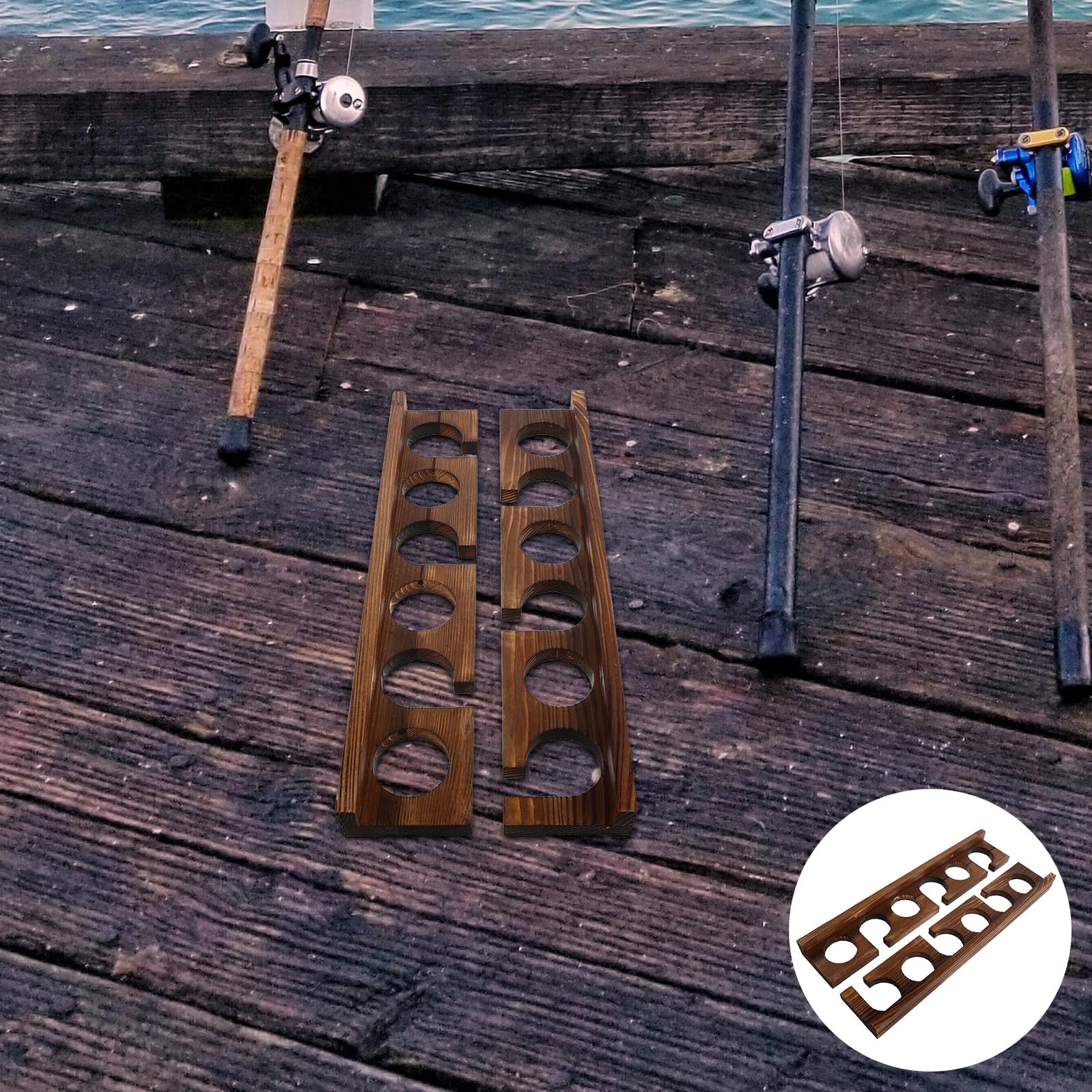 Abaodam Porta Canne da Pesca a Parete in Legno 6 Slot, Supporto Verticale per Canne da Pesca Kit di Montaggio, per Garage o Casa