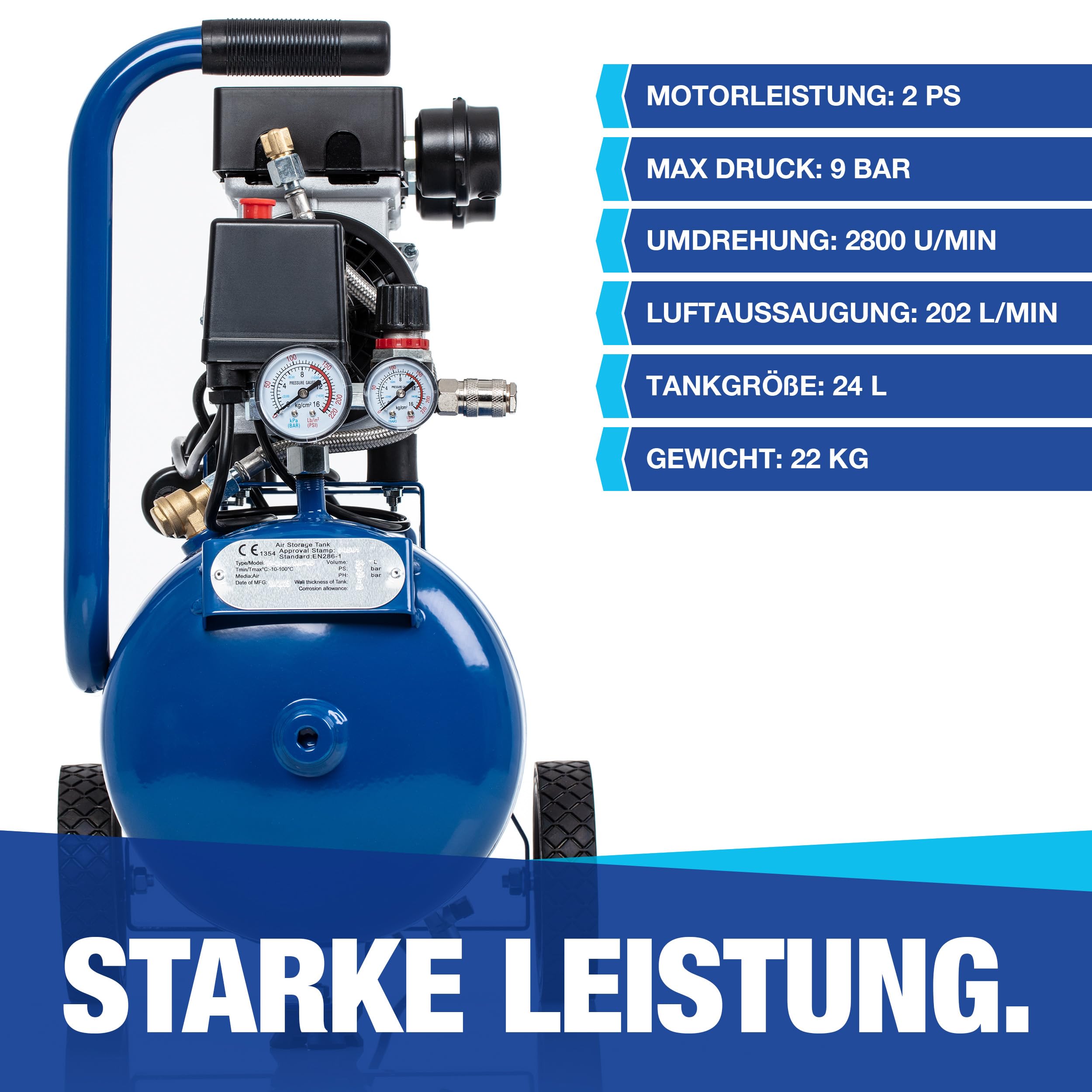 NTG Silent Druckluft Kompressor 1470W Starke Leistung 24 Liter Tank 9 Bar Ölfrei | besonders leise und flexibel einsetzbar mit 2 x Manometer und Druckregler