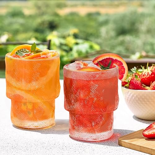 Miniatura 5 de Frcctre Paquete de 8 vasos apilables para beber de 6.5 onzas, románticos vasos de cóctel Lowball, pequeños vasos de vidrio con estrías vintage para