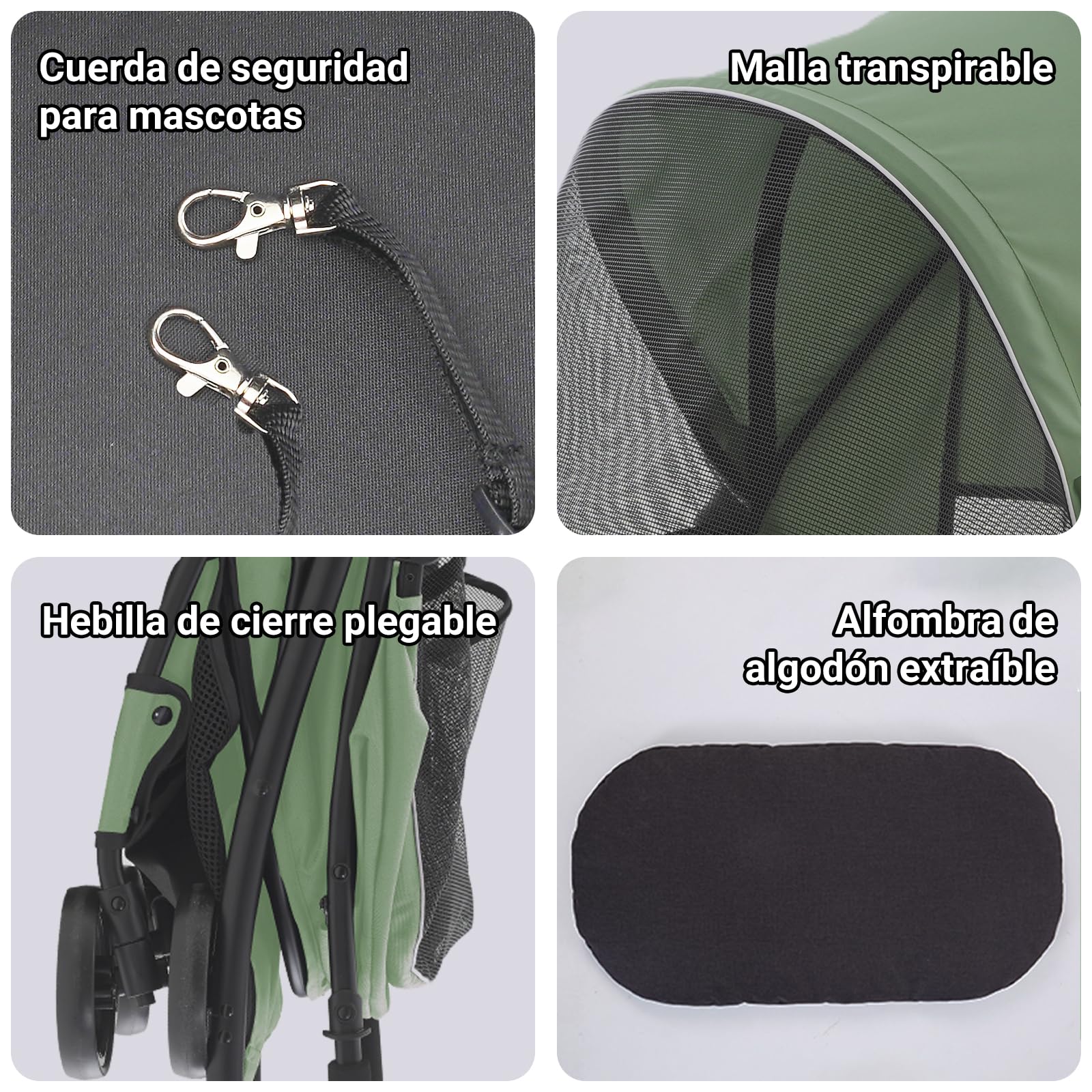 Sunny Sonny Cochecito de Mascotas para Perros y Gatos Pequeños/Medianos hasta 15 kg, Plegable Portátil con Ruedas Giratorias, Cubierta Antilluvia, Cesta, Cremallera y Diseño Seguro (Verde)