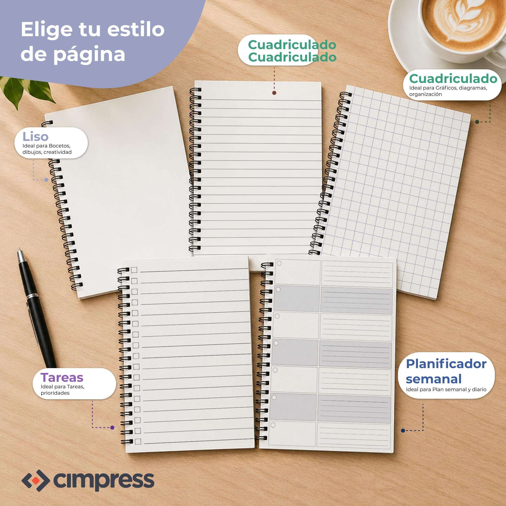Cuaderno A5 personalizable, logotipo o texto, Cuadriculado, 10 unidades | Cubierta brillante 300 g/m², 160 páginas papel 90 g/m², espiral, ideal para reuniones, formación y regalos de empresa