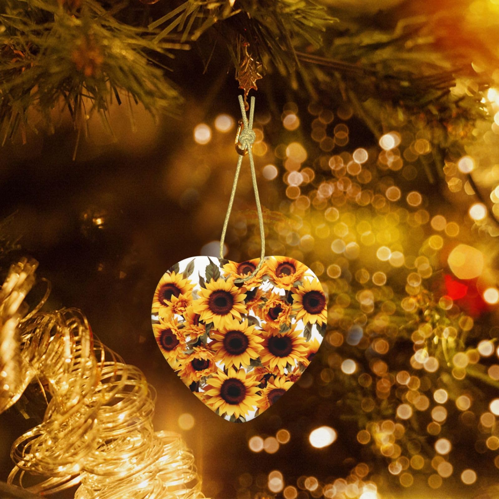 Christmas Heart Shaped Ornaments 1 Pcs, Double-Side Ceramic Xmas Tree Hanging Ornament with Gold String Beautiful Sunflowers Personalized Porcelain 2025 Christmas Pendent