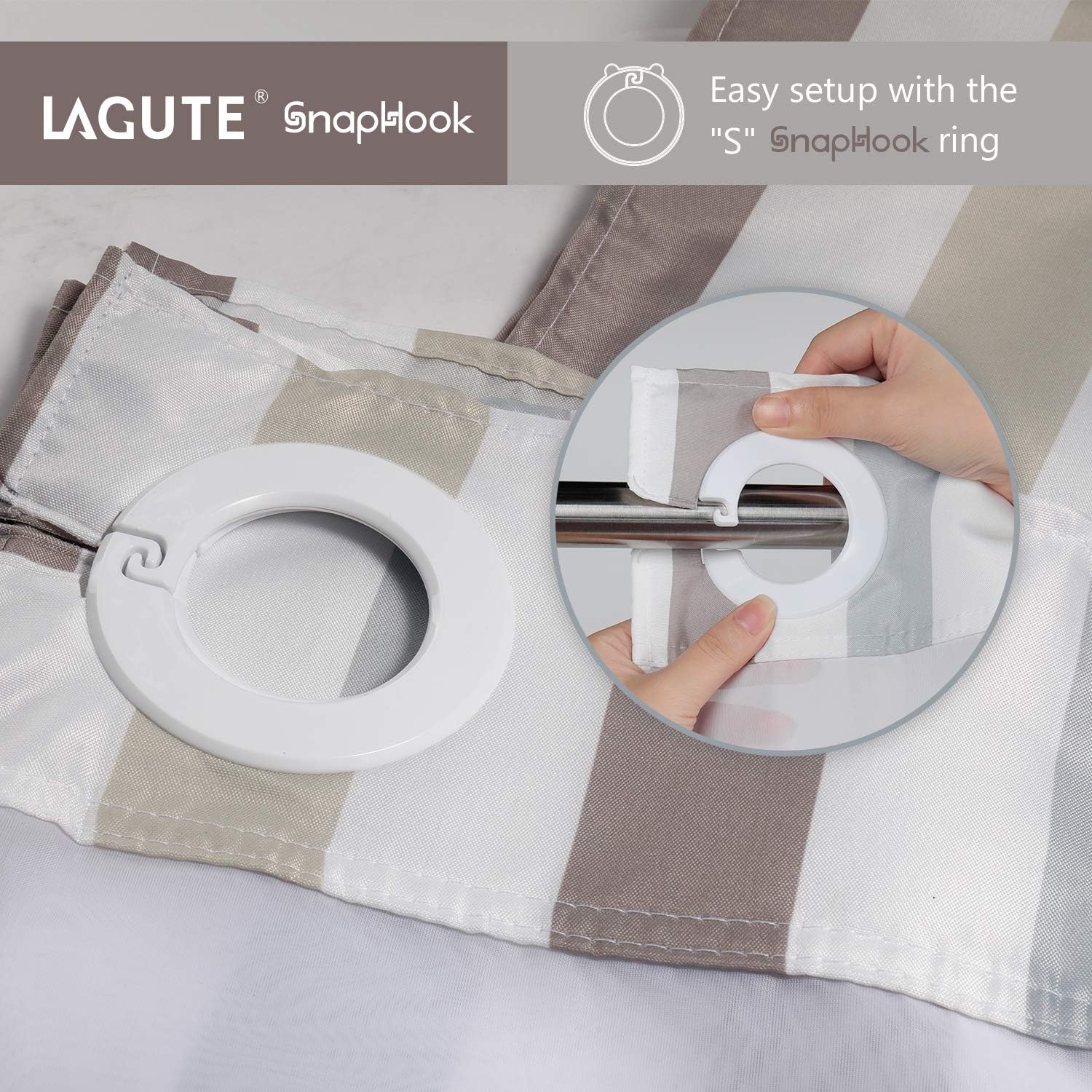 Lagute SnapHook Stijl Shower Curtain with Snap-in Liner| No Hook Needed | Removable Liner| See Through Top| Machine Washable| 74 L x 71W, Nordic Stripes