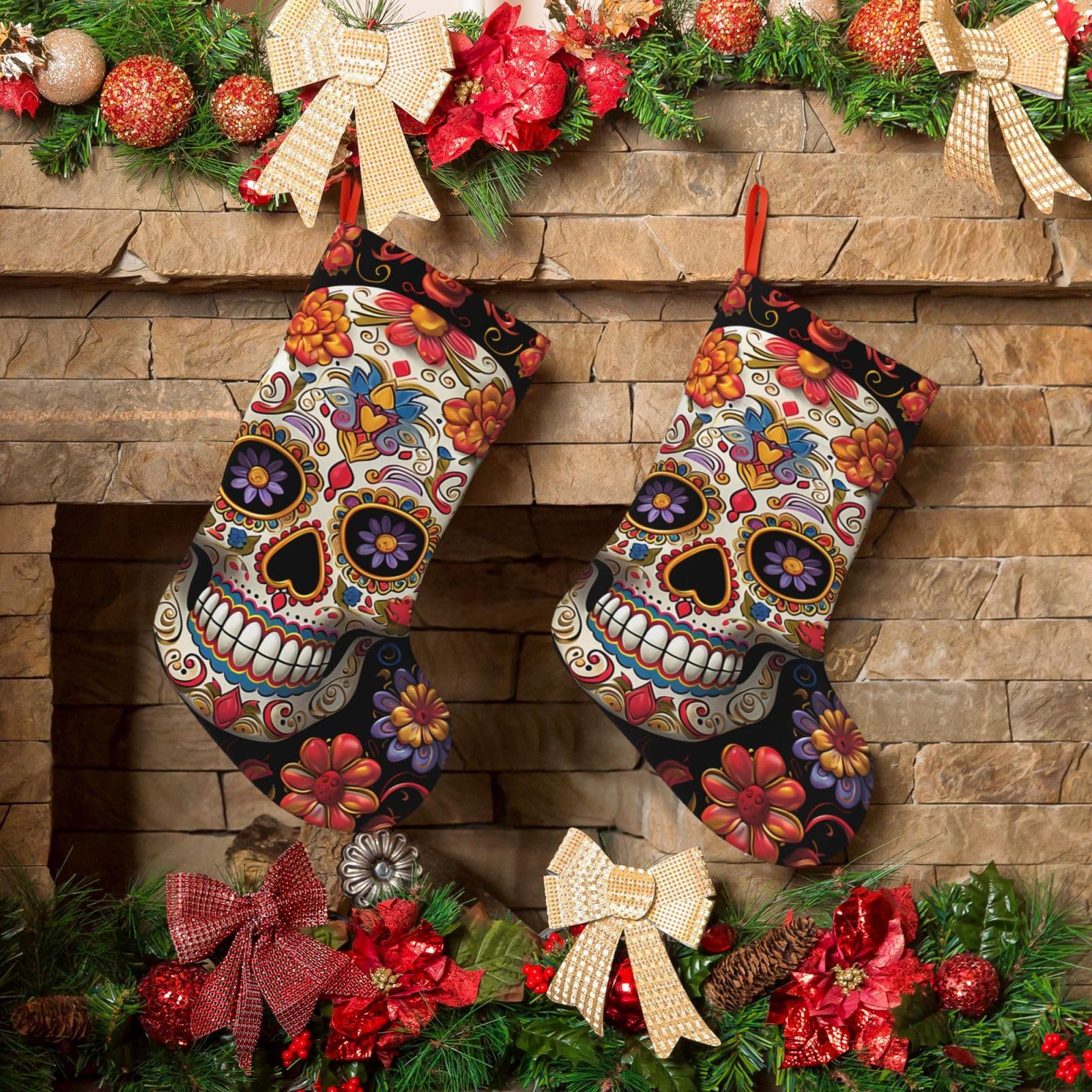 KLOPH Christmas Stockings 18" Personalized Xmas Stocking Sugar Skulls Decoration Stocking Hanging Fireplace Stocking for Holiday Xmas Tree Christmas Fireplace Decor