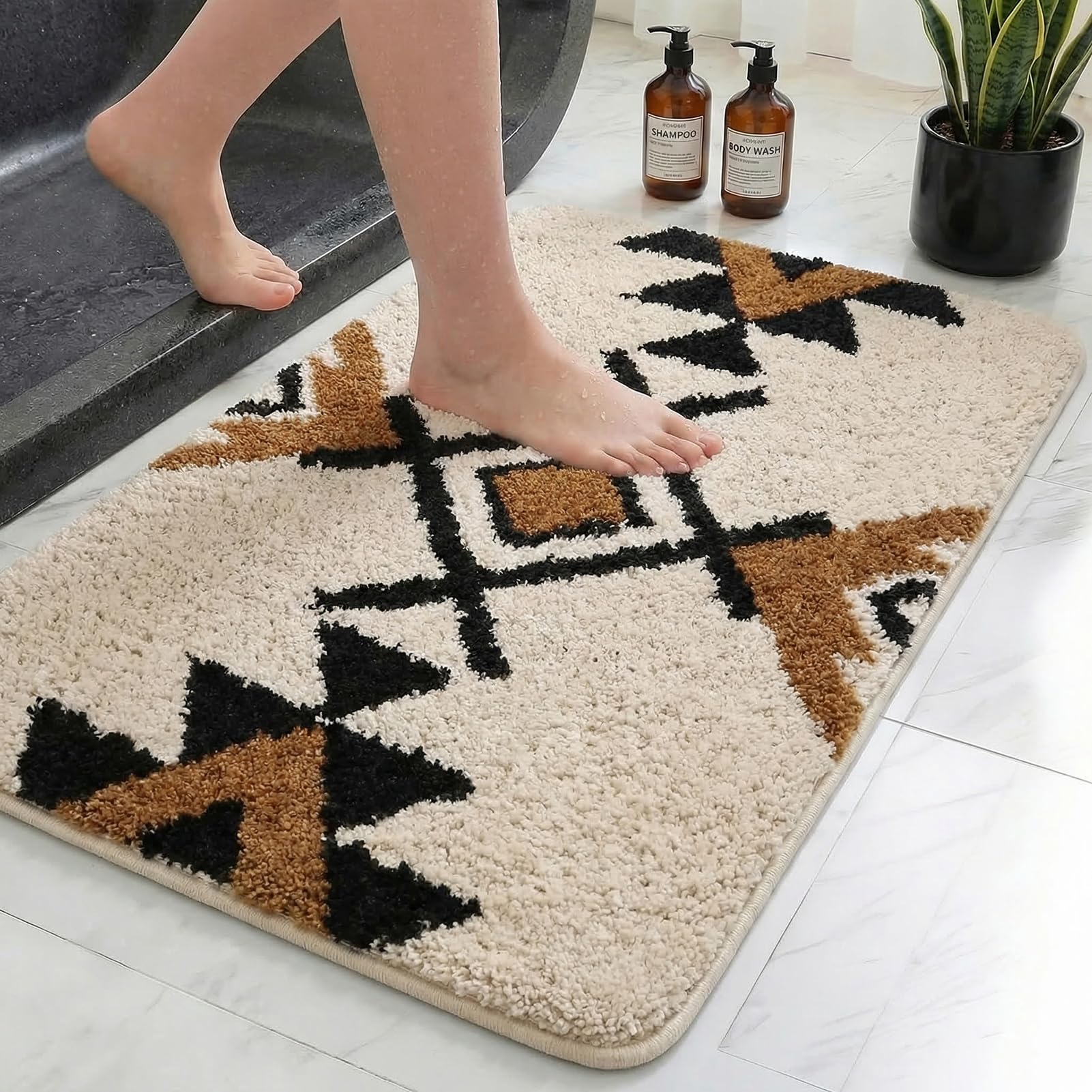 Britimes Badteppich, flauschig, Mikrofaser, rutschfest, U-förmig, wasserfest, weich, saugfähig, waschbar, für Badewanne, Dusche, Waschküche, Beige, Boho, 3-teilig