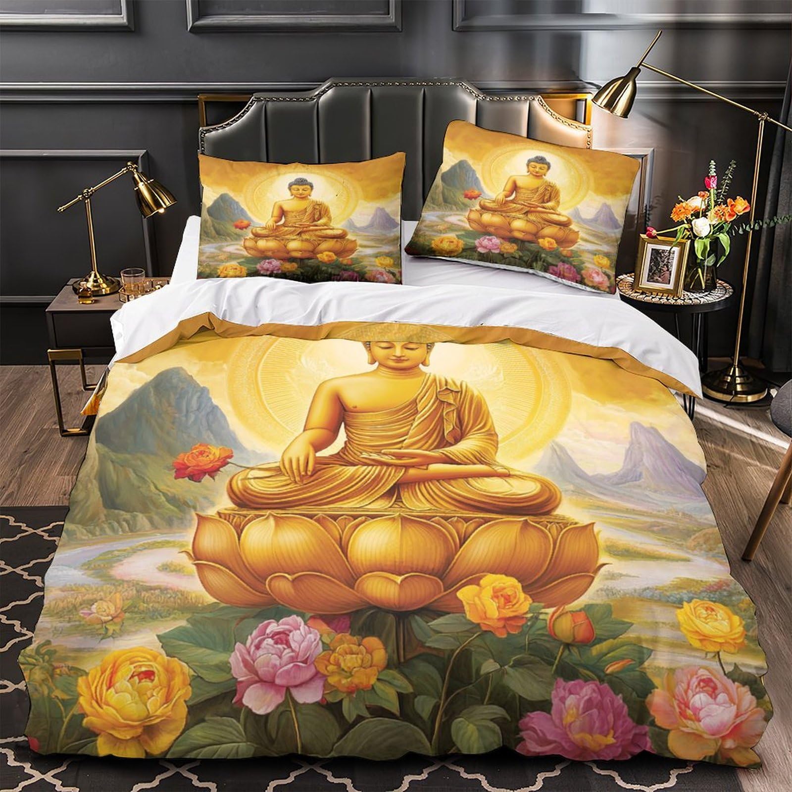 Housse de couette Bouddha 140x200 microfibre avec 2 taies d'oreiller
