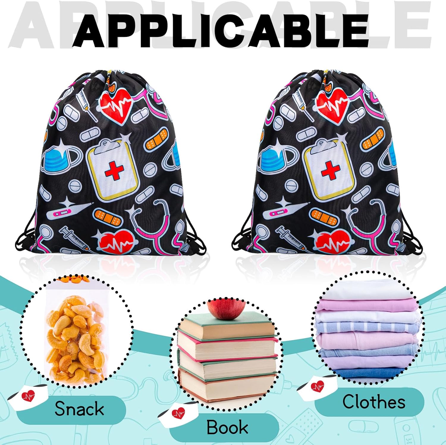 24 Pcs Nurse Drawstring Backpack Nurse Themed Pattern Shoulder Bags Funny Nurse Polyester Travel Bag Nurse Appreciation Gifts for Nurses Week Nursing Students Teacher Hospital School Supplies