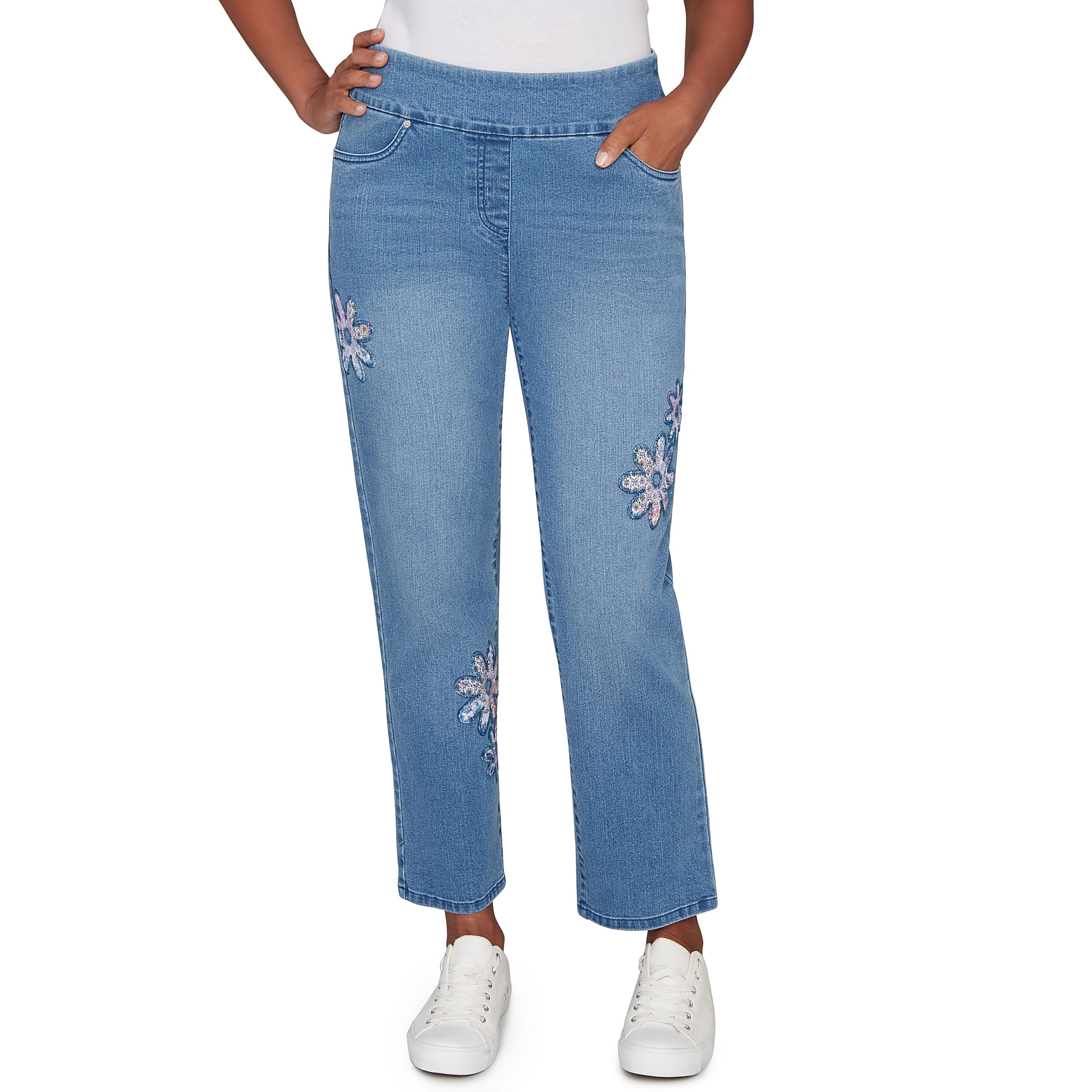 Alfred Dunner Womens Petite Floral Applique Detail Average Length Pant Size 16P Medium Indigo