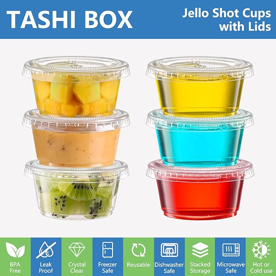 TashiBox Plastic Portion Cups with Lids [2 Ounce, 200 Sets] Disposable Plastic Cups for Meal Prep, Salad Dressing, Jellos Shot Cups, Souffle Cups, Condiment & Dipping Sauce Cups
