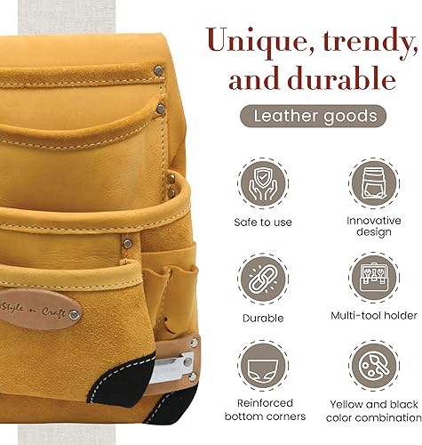 Vista 4 de Style n Craft Bolsa de herramientas y uñas de carpintero de 10 bolsillos con clip para cinta, bolsa de cuero de alta resistencia, bolsa de cuero
