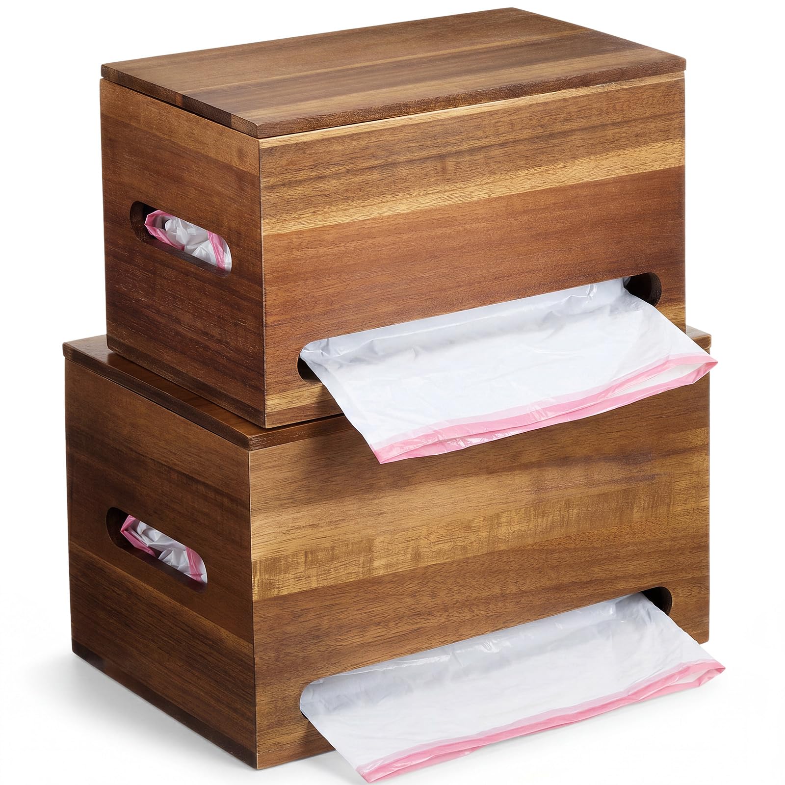 SiliFine Müllbeutelspender, Akazienholz, Wandhalterung, 2 Größen, Müllbeutelhalter, Organizer für Badezimmer, Küche, unter der Spüle, Arbeitsplatte, Waschküche, 2 Stück