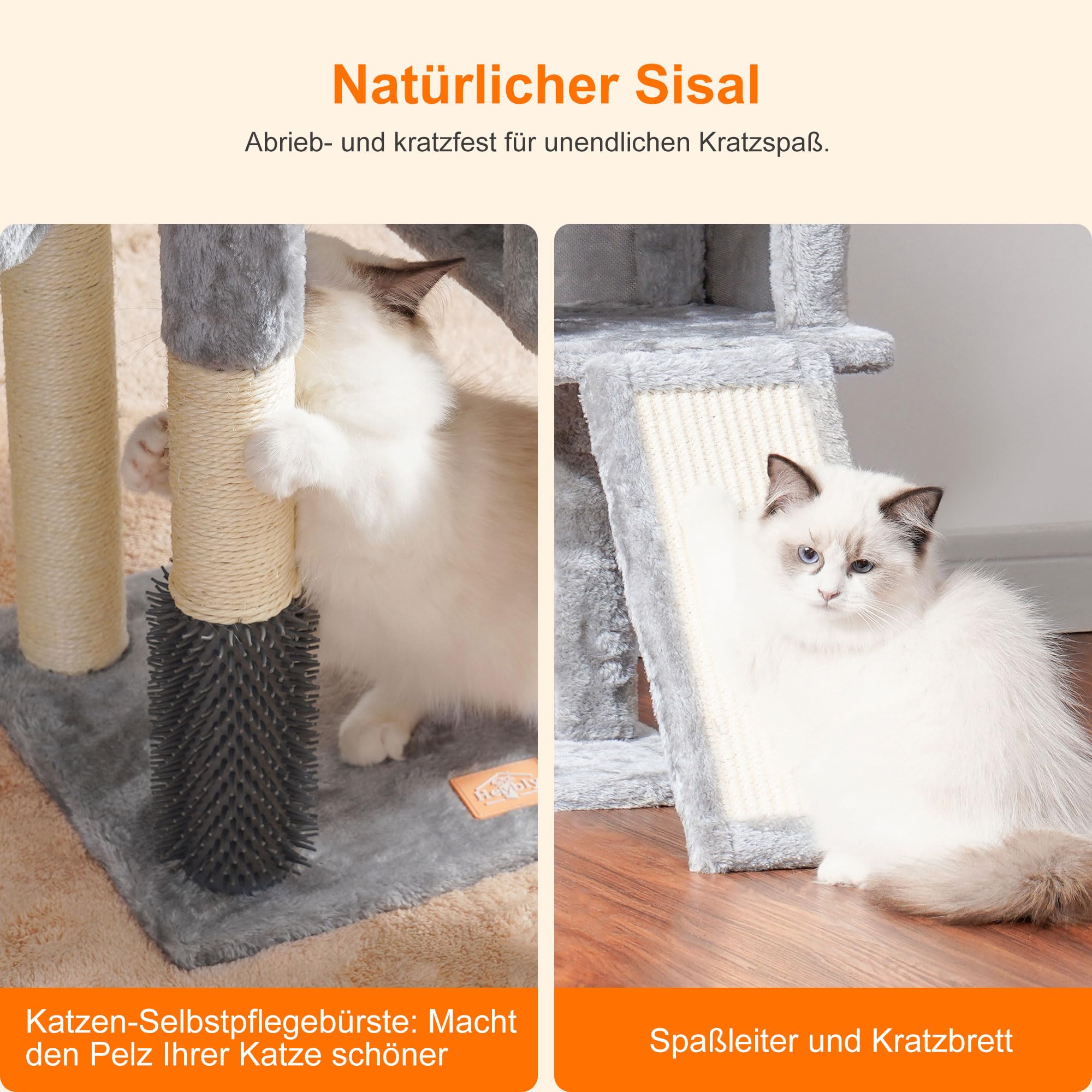 Heybly Kratzbaum mit Katzenbürste, Katzenbaum für Hauskatzen mit Gepolsterter Sitzstange aus Plüsch, Katzenkratzbaum mit Korb, Kratzbrett und Kratzbaum, Hellgrau HCT005SW