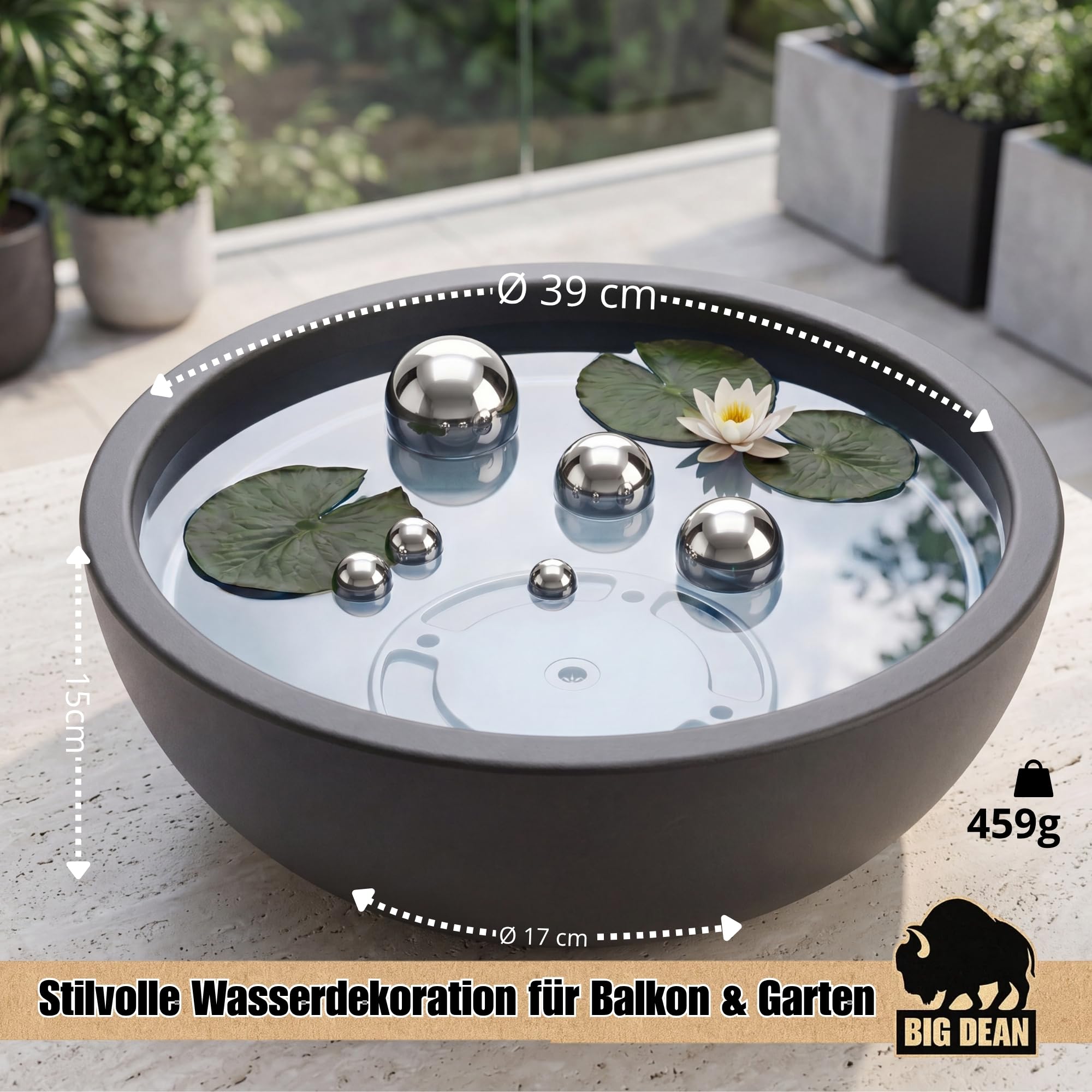 Miniteich Brunnen Set Schale mit Teichkugeln innen und außen Komplettset 39cm Durchmeseser