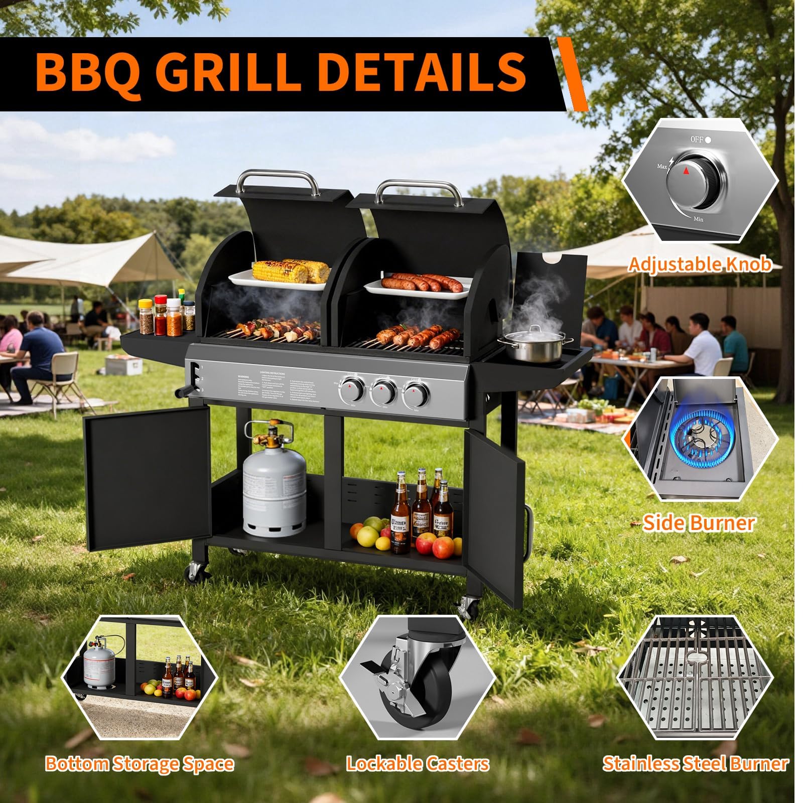 GarveeHome Plancha Gasgrill & Holzkohlegrill Kombi mit Seitenbrenner, 24.000 BTU Dual Fuel BBQ, emaillierter Gusseisenrost, Kochfläche, Gasgrill klein für Balkon, Terrasse, Camping