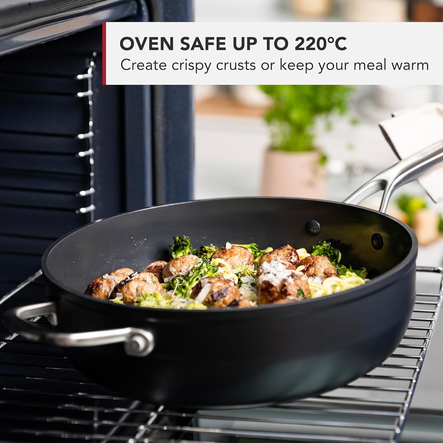 KitchenAid Forged Hardened Hard Anodized PFAS-Free Ceramic Non-Stick, 28/4.6 Litre cm Saute Pan, with Helper Handle, Lid, Induction, Oven Safe,Black