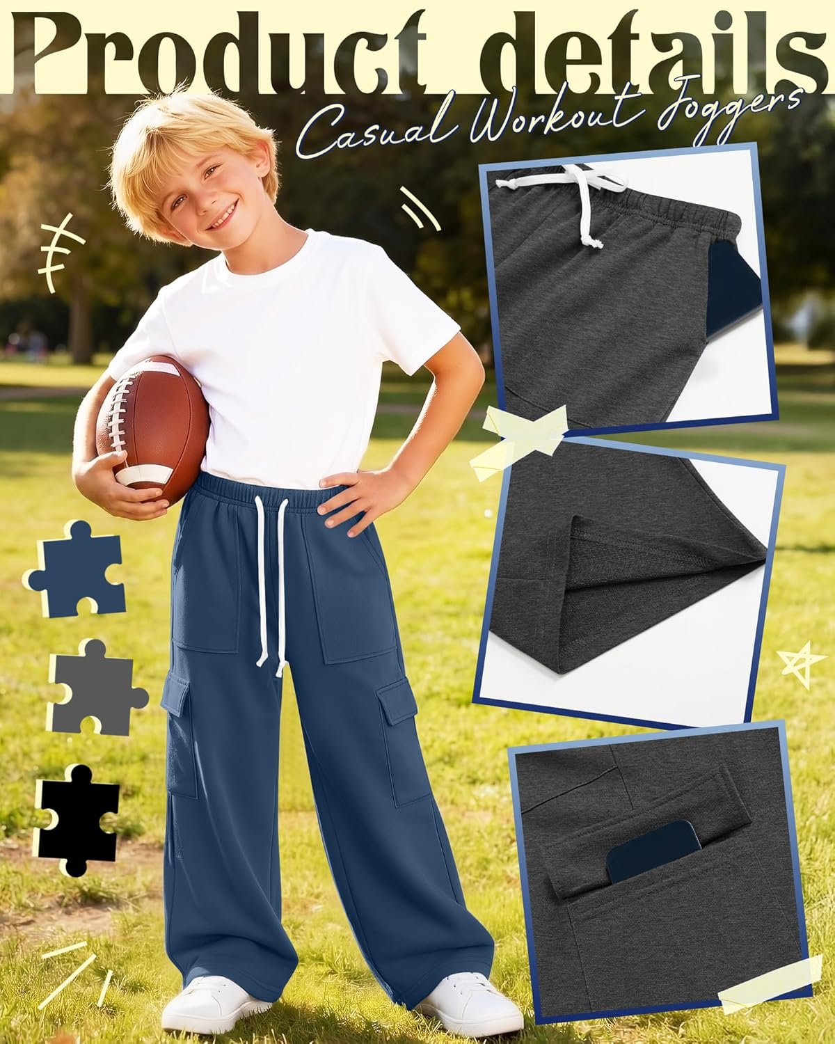 Oakgarden 3 Pack Boys Cargo Sweatpants Baggy Wide Leg Drawstring Pants Open Bottom Casual Workout Joggers 5-14Y