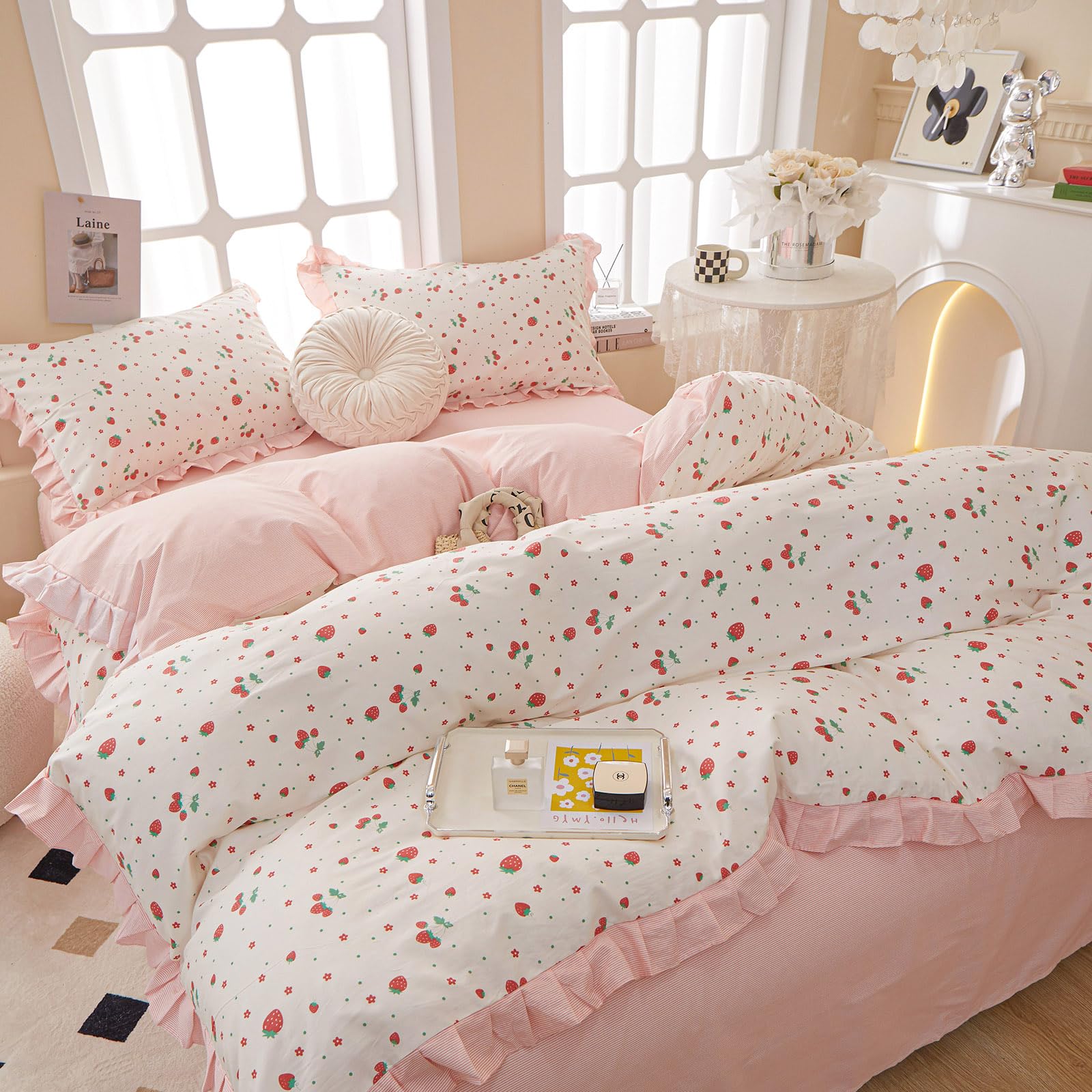 EAVD Kawaii Twin Girls Soft Duvet Cover with 2 Pillowcases - 100% Cotton Cute Ruffle Strawberry Bedding Set - Chic Romantic Ruffled Comforter Cover with Zipper Closure