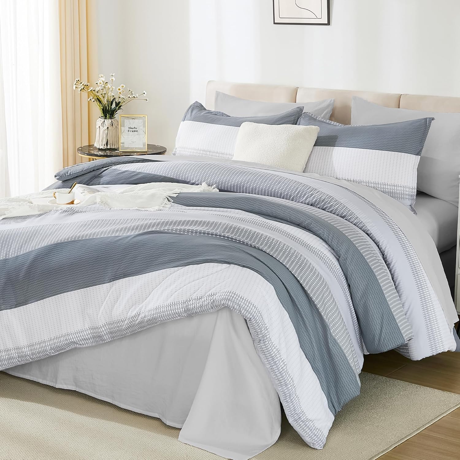 Andency Queen Size Comforter Set 7 Pieces - Light Grey Striped Lightweight Bed in a Bag, Soft Microfiber Farmhouse All Season Bedding Set with Comforter, Fitted & Flat Sheet, Pillowcases & Shams - Image 6