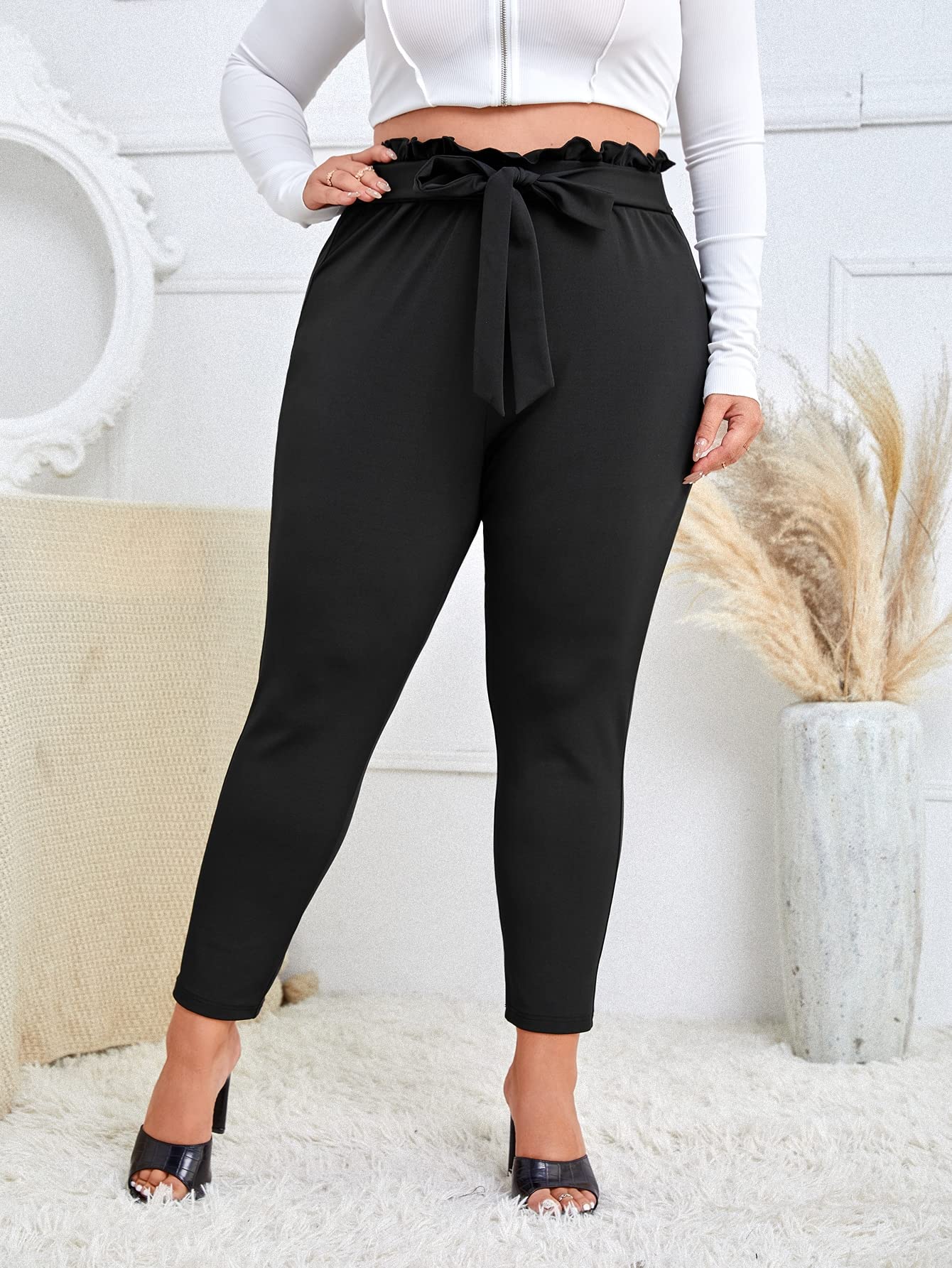 EVLTN Plus Size Pants Women Plus Paperbag Waist Belted Pants Plus Size Pants Women Color Black Size X-Large
