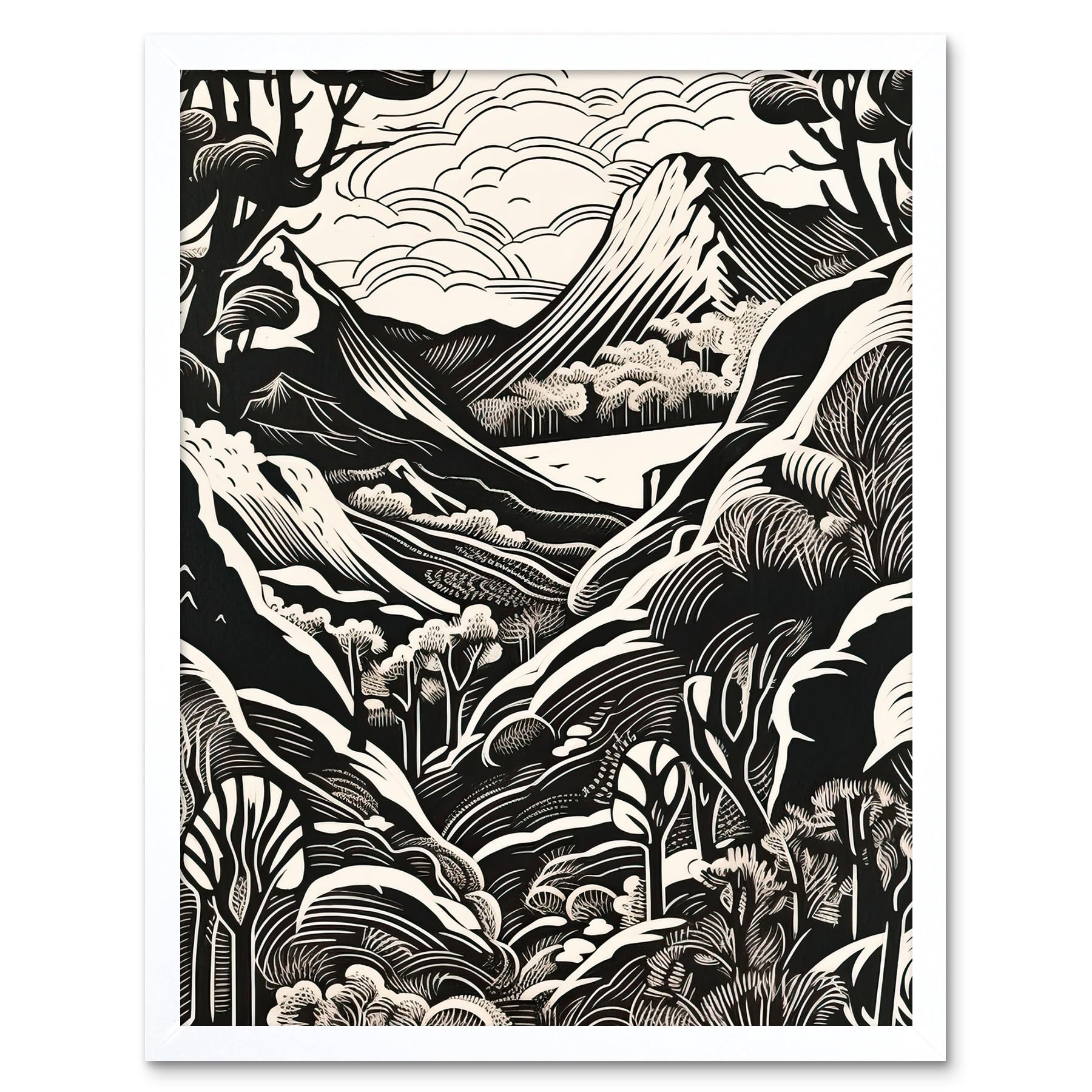 Artery8 Forest Mountain Landscape Black and White Linocut Art Print Framed Poster Wall Decor 12x16 inch