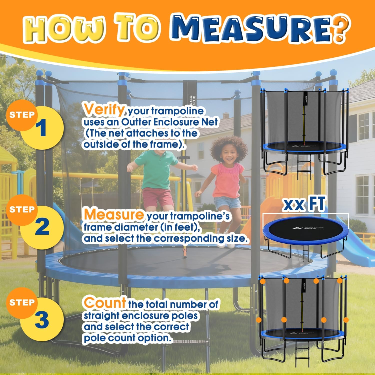 Trampoline Net Replacement 10FT 12FT 13FT 14FT 15FT Netting Replacement for Round Frame Trampolines Enclosure Net 6 Poles 8 Straight Poles with Protection Buckles Adjustable Straps Zipper (Net only)