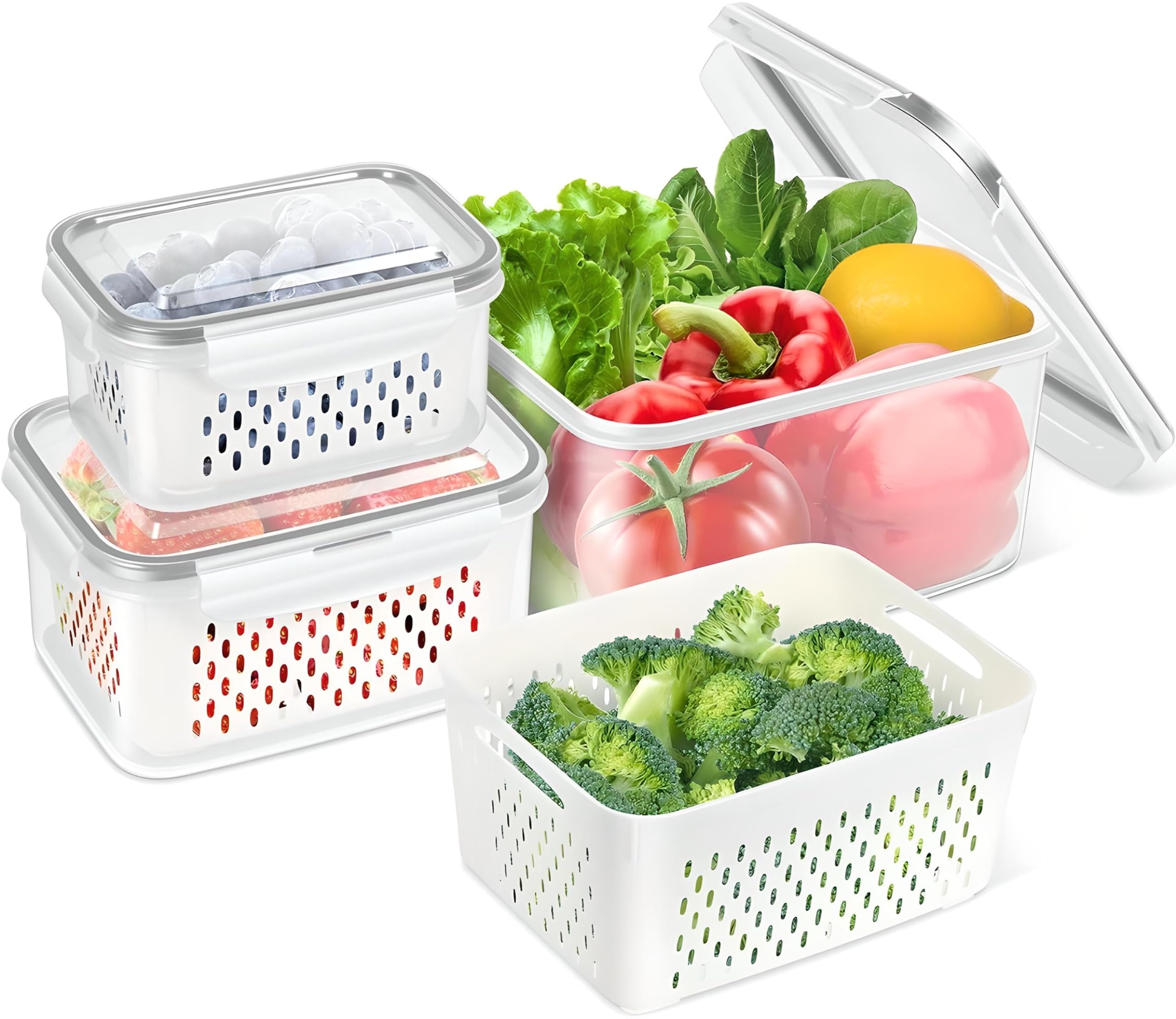 Fridge Food Storage Containers 3Pack, Built-in Removable Drain Basket, Stackable Storage Container for Fridge, Keepers with Lid & Colander for Salad Lettuce Berry Storage Fridge Organizer (3 Pcs)