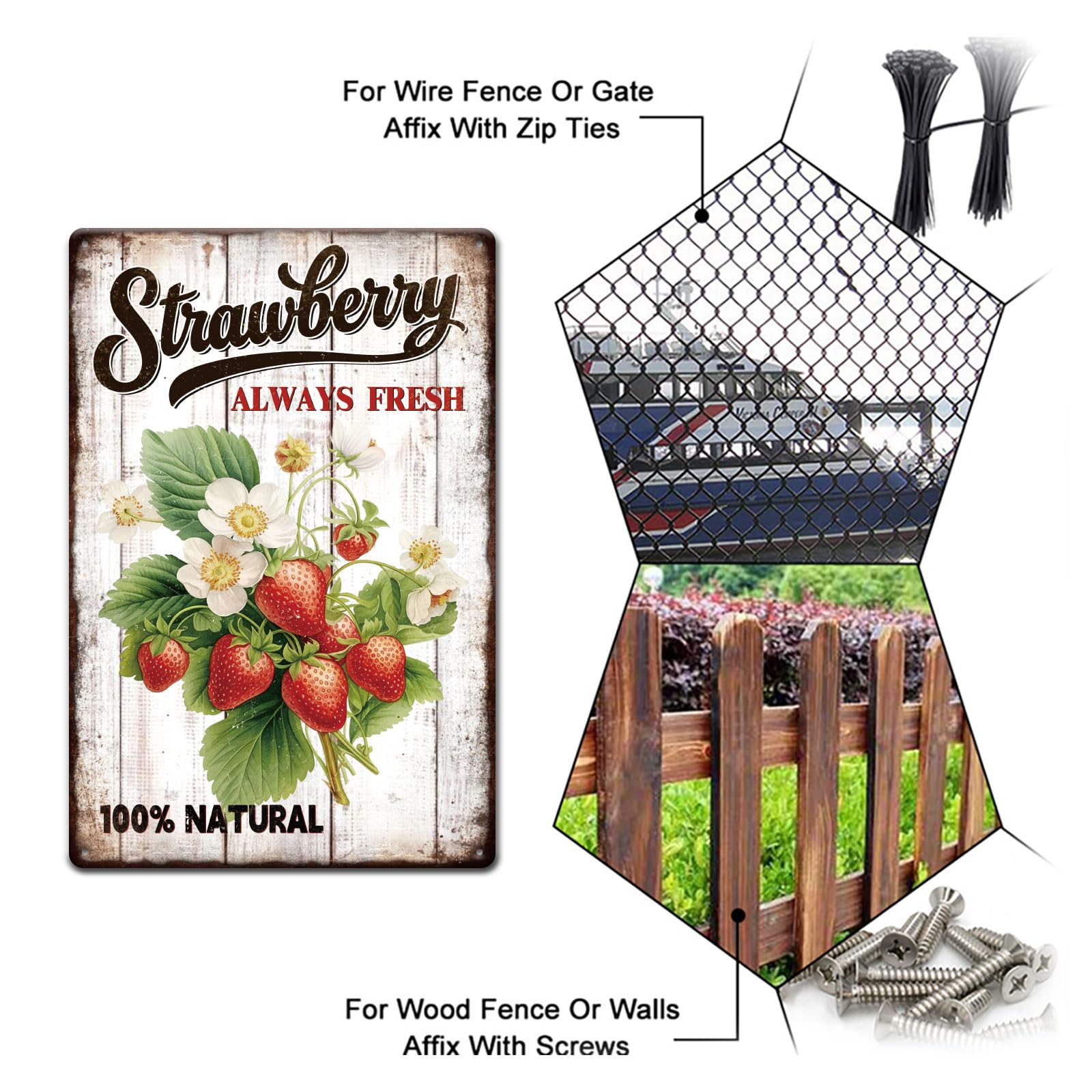 GLOBLELAND Strawberry Metal Tin Sign 8x12in "Strawberry Always Fresh" Vintage Painting Tin Signs Fruit Wall Poster Plaque for Kitchen Wall Decor Dining Room Home Breakfast Table Fruit Stall - Image 4