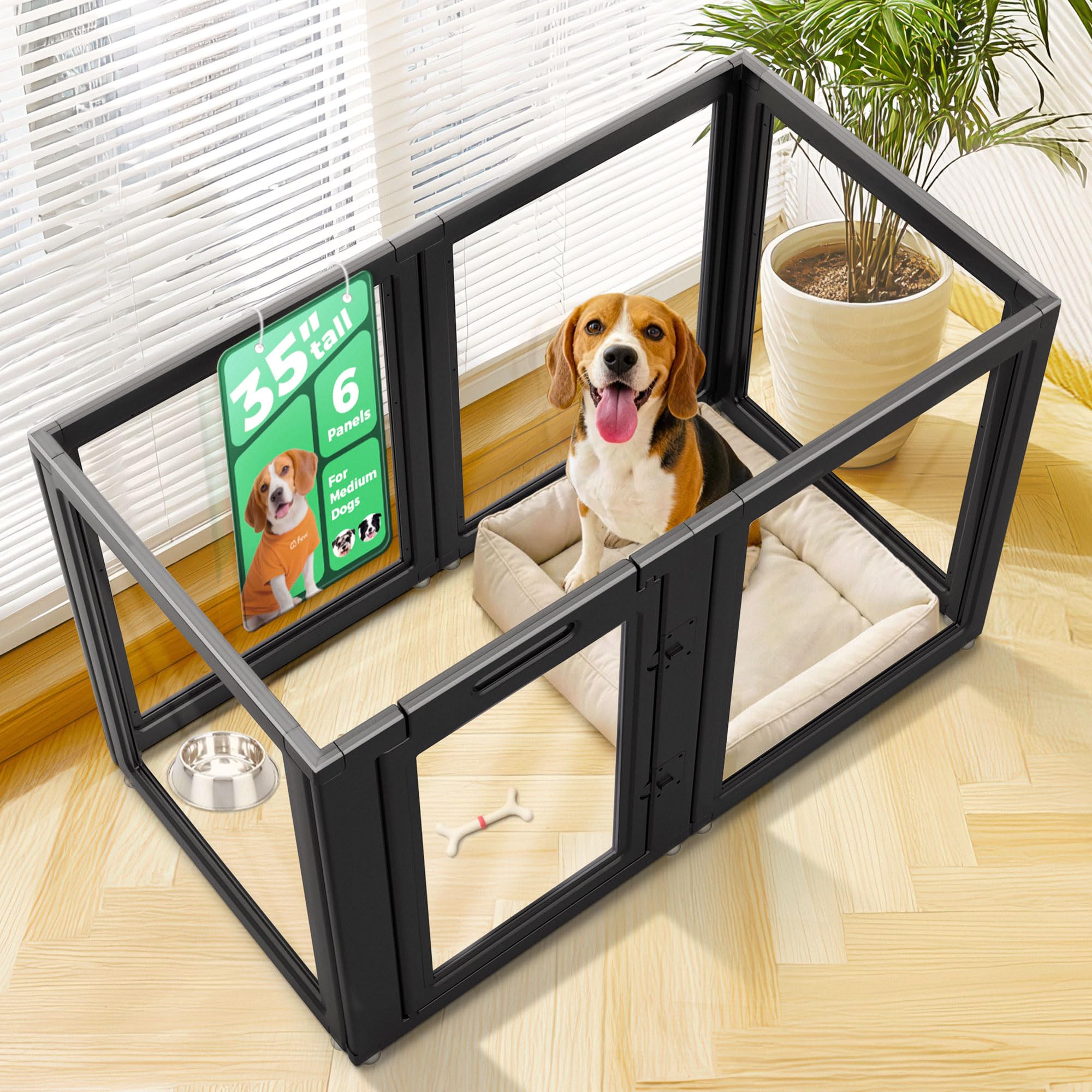 FXW AuraSpace Clear Acrylic Indoor Dog Playpen, 35" H, 6 Panels, Black