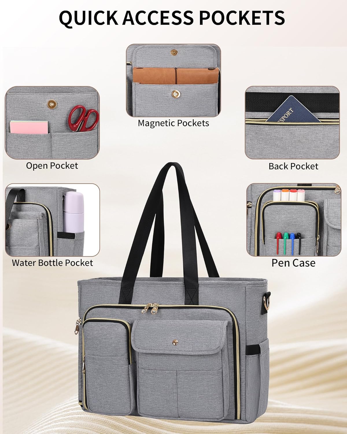 ESTARER Teacher Tote Bag Women 15.6 inch Laptop Bag for Work with Accordion File Organizer & Insulated Pocket, Professional Computer Messenger Shoulder Bag Briefcase for Office/College/Nursing (Grey) - Image 5