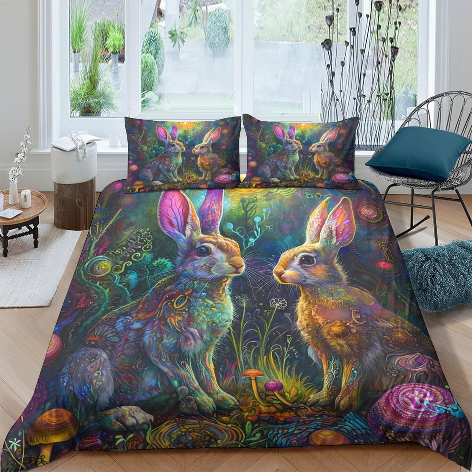 Ctjqhvkz Style-8 3D Printed Fantasy Rabbit Fitted Sheet Microfiber Soft Colourful Forest Bed Cover For Bedroom Dorm Decor Protection Single（135X200cm）