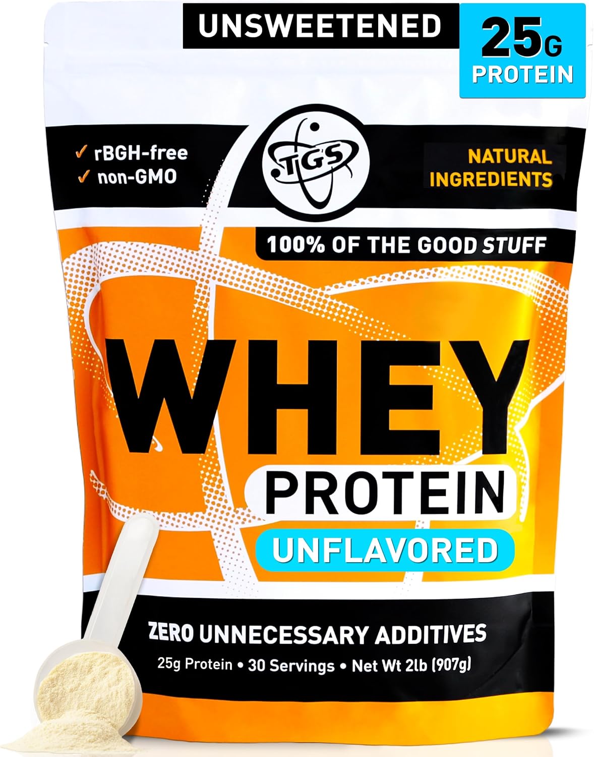 TGS Nutrition Whey Protein Powder Unflavored, Unsweetened - No Artificial Ingredients for Men & Women - 2lb Soy-Free, No Gluten, Keto Friendly - Post Workout Muscle Recovery