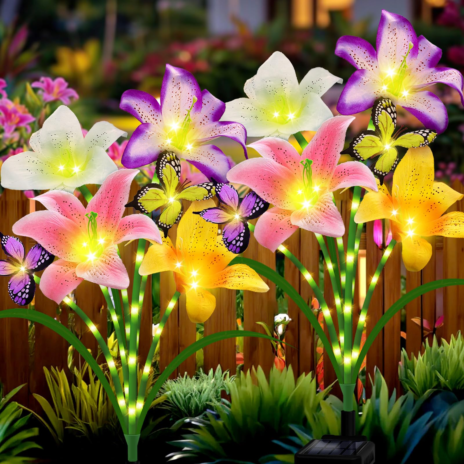 ANGMLN Solar Garden Lights 2 Pack 8 Lily Flowers with Butterfly Decor