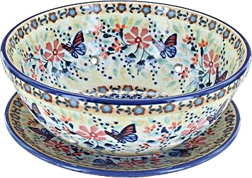 Blue Rose Polish Pottery - Yellow Blue Butterfly Berry Bowl with Plate - 6.5" Diameter - Ceramic Berry Bowl with Drain Holes, Perfect for Rinsing & Serving Fruit