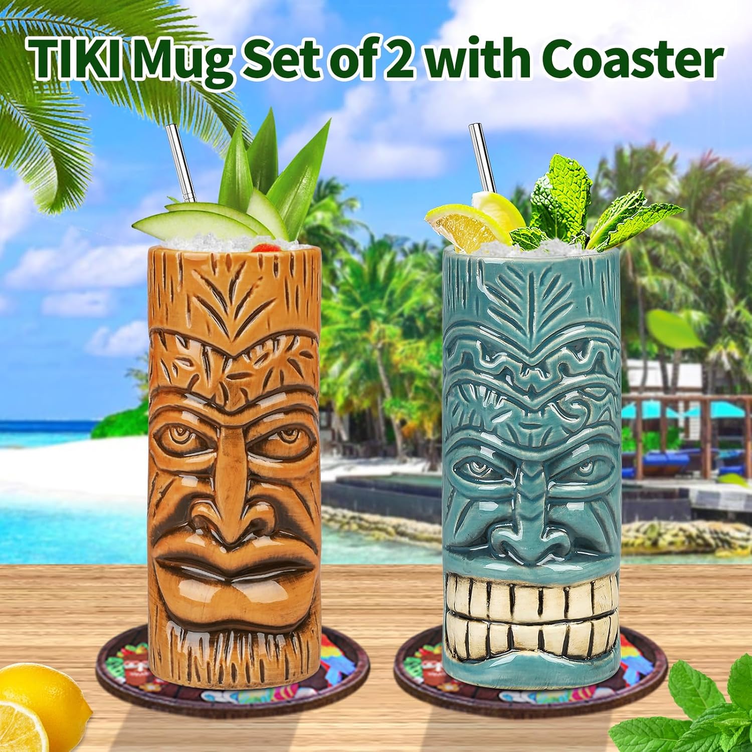 SuproBarware TIKI Mug Set - Set of 2 Ceramic TIKI Mug 15oz/440ml Tropical Style Cocktail Glass Set for Cocktail Lover (Orange&Blue) - Image 4