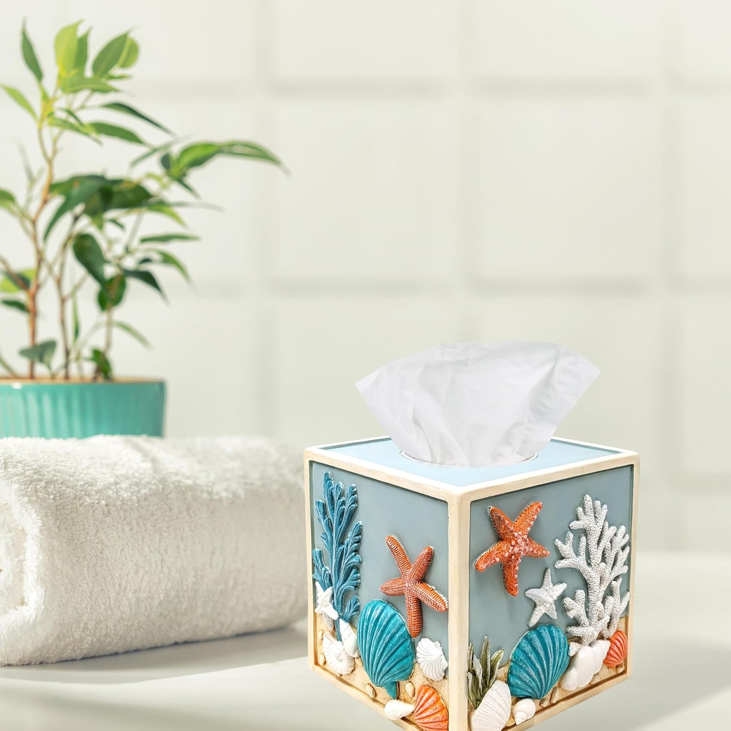 Seaside Splendor Tissue Box Cover-3D Resin Ocean Elements with Seashells & Starfish - Coastal Beach Decor for Bathroom, Bedroom, Vanity Top, or Living Room - Premium Decorative Resin Tissue Box Holder