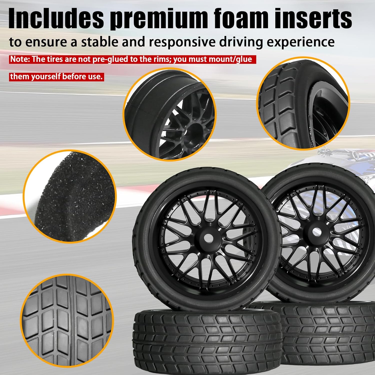 OD 2.65" On Road Rubber Tires Plastic Wheel Rims 12mm Hex Hub Compatible with MJX HSP Tamiya HPI Kyosho Traxxas Sakura Redcat WLtoys 1/10 RC On-Road Racing Touring Car (Black)