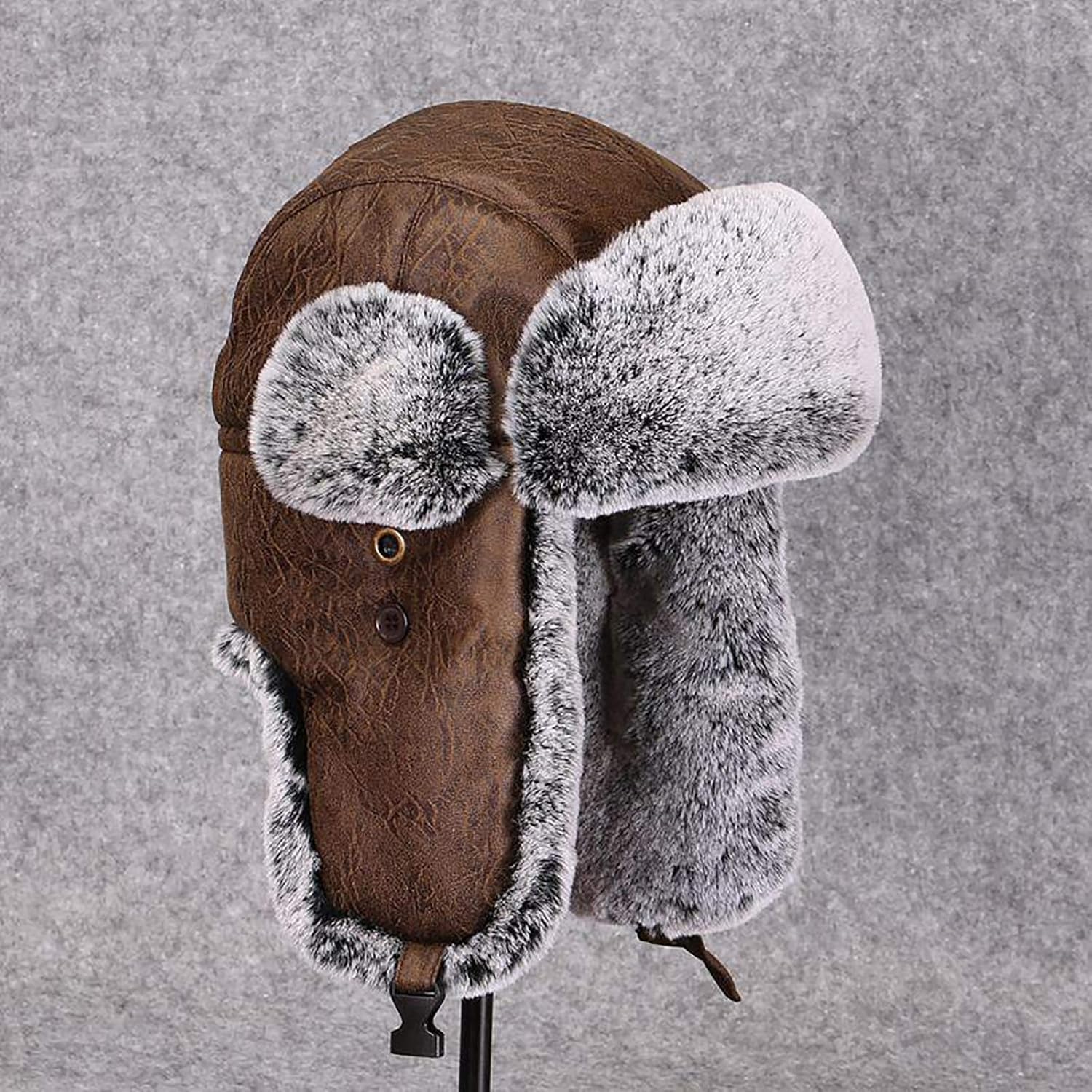 Gorros de invierno, Gorro de aviador de invierno, Gorro de Cuero Artificial, Gorro de piloto para esquí al aire Libre y Nieve(Brown-58cm)