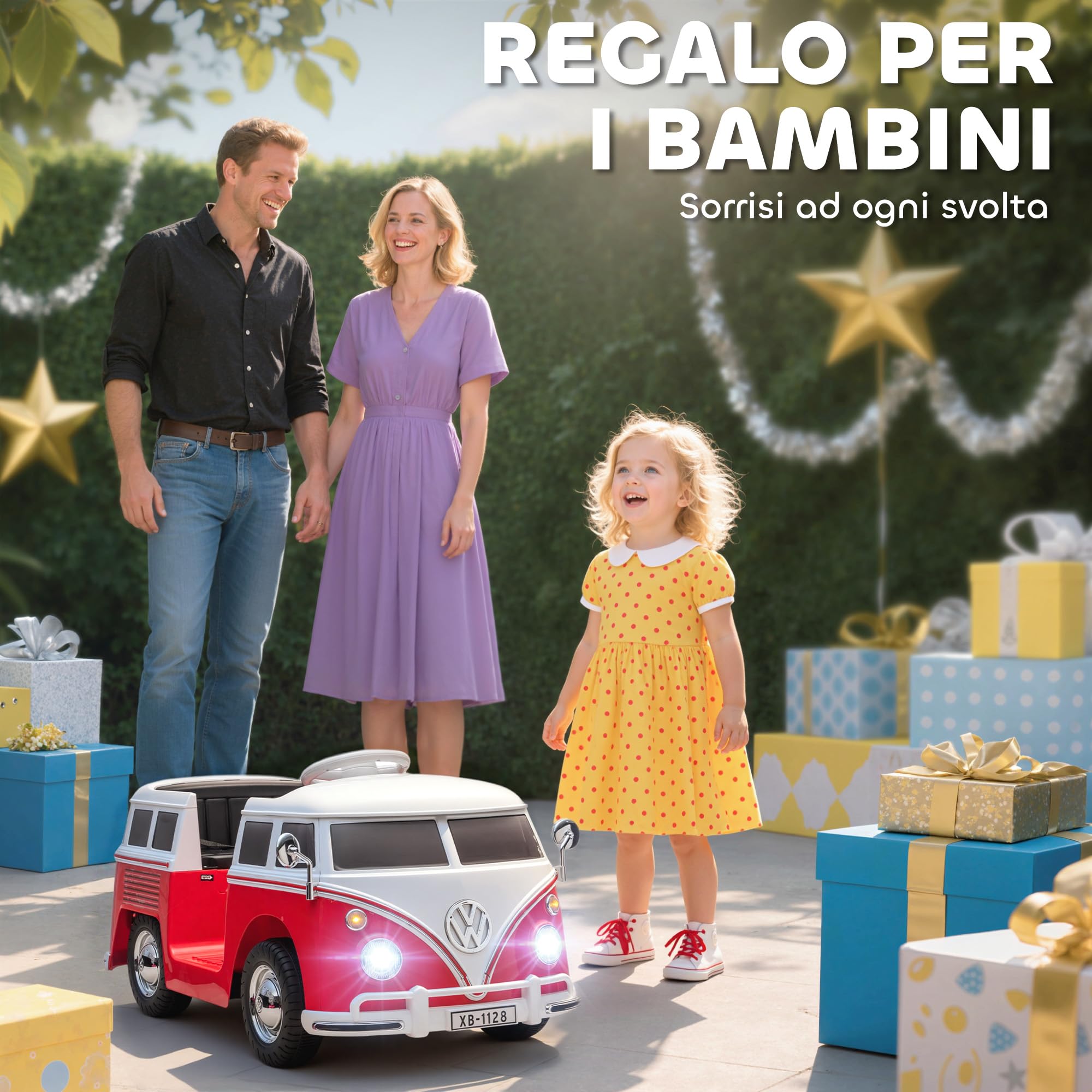 AIYAPLAY Macchina Elettrica per Bambini 3-7 Anni Volkswagen T1, 12V, Rosso | 3-8km/h, Auto Elettrica per Bambini con 2 Motori, Sospensioni, Partenza Lento, Musica, Fari e Clacson