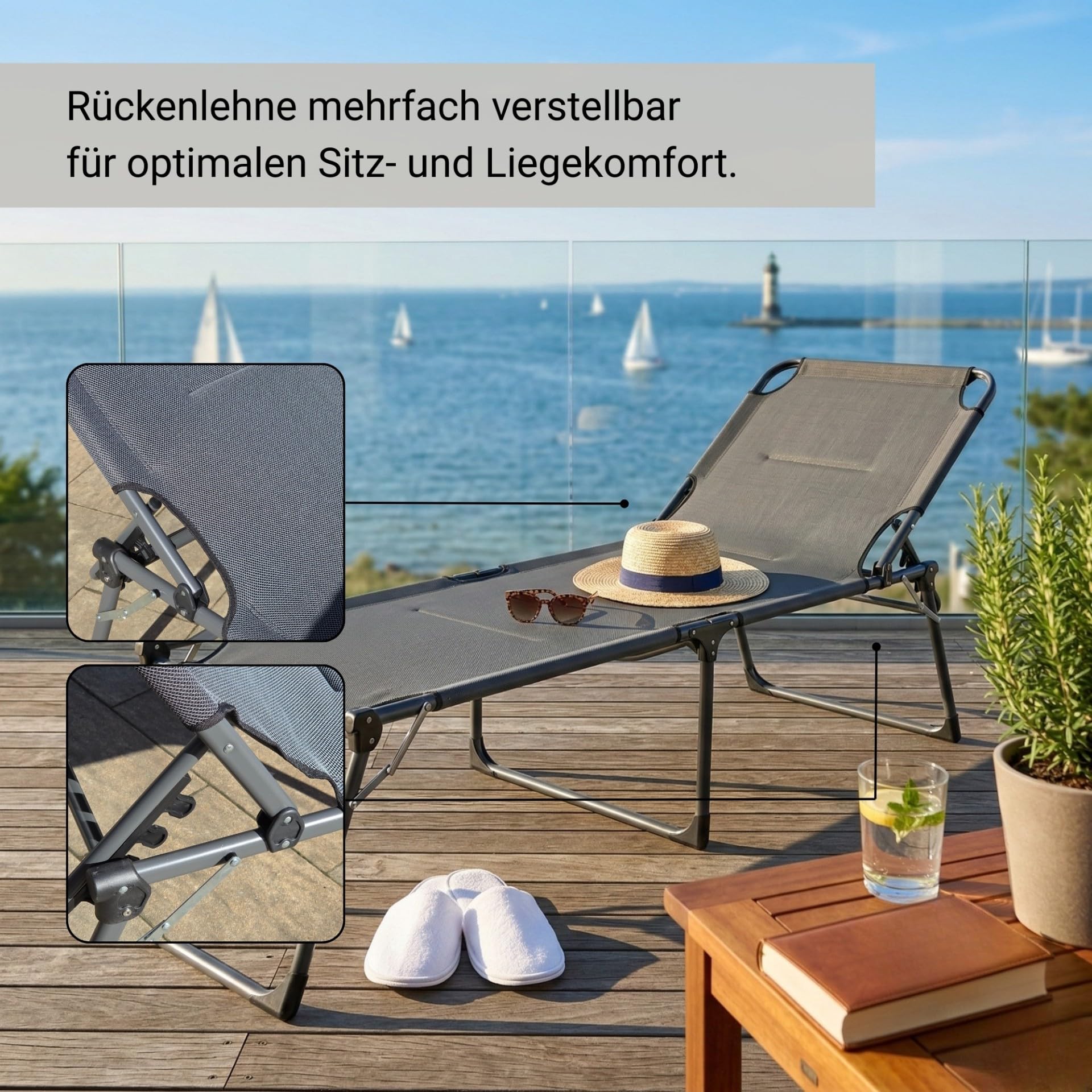 hausratplus Sonnenliege XXL Dreibeinliege Soft Touch 3D gepolstert | Abmessungen: 215 x 70 x 50/90 cm (L x B x H) 130 kg Tragkraft | 4-Fach verstellbares Kopfteil | zusammenklappbar anthrazit/grau