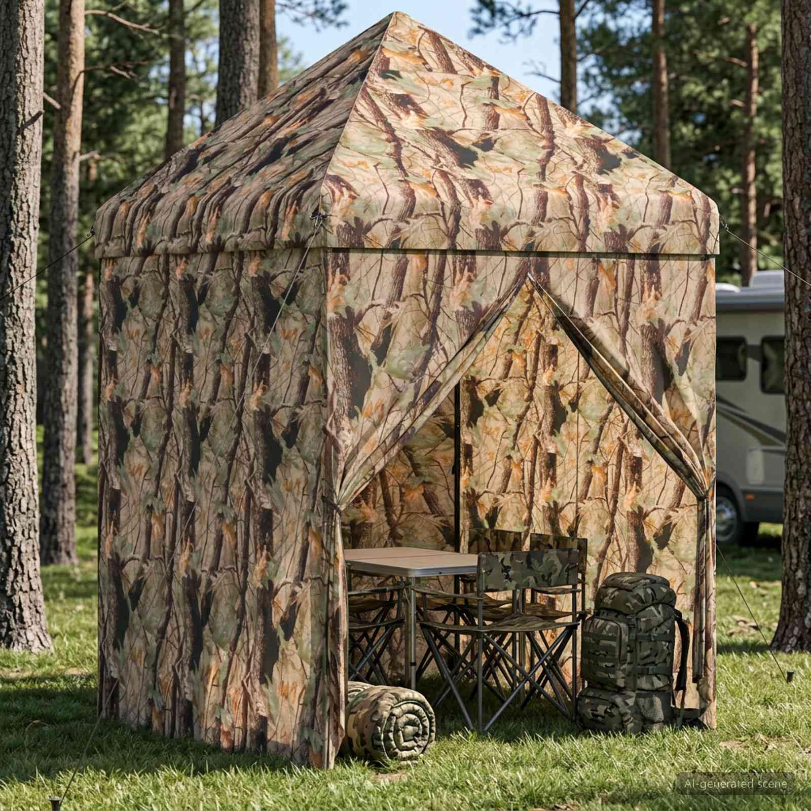 Pop-up Garaż 3 x 3 m z 4 Ścianami, Kamuflaż | Oxford 210D, Stalowa Rama, Regulowana Wysokość 315-335 cm, 4 Liny, 8 Kołków, Torba
