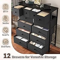 Vista 4 de Cómoda alta para dormitorio con 12 cajones, cómoda de tela y cómoda con marco de metal resistente, parte superior de madera, armario