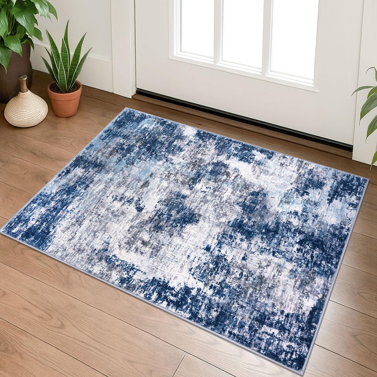 Lansny Modern Abstract Entryway Rug Indoor 2x3 Washable Non-Slip, Soft Grey Navy Blue Rug, Small Area Rug Kitchen Mat Thin Print Faux Wool Floor