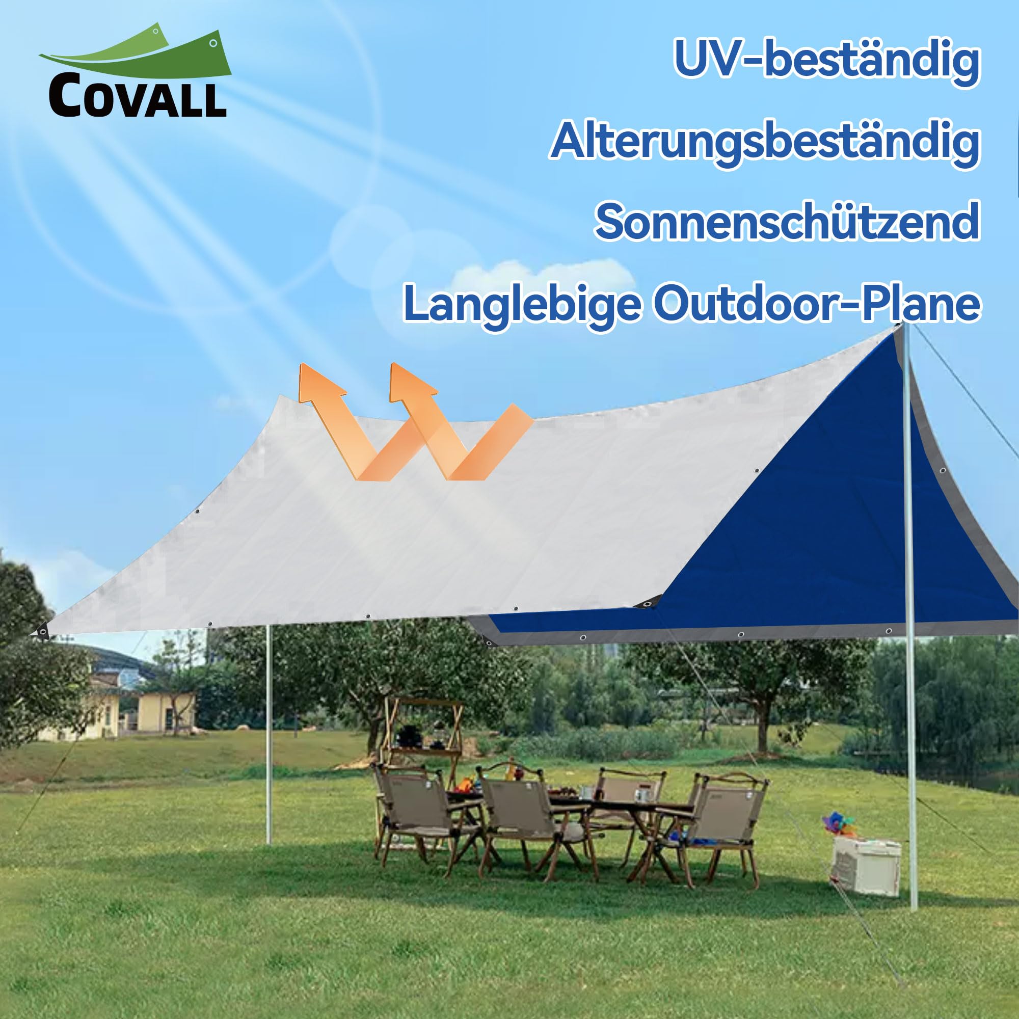 Plane 1,5 x 6 m –75g/m² wasserdichte Plane Aus PE, Silber/Blau Doppelseitig, UV- & Reißfest, Mit Verstärkten Ösen – Ideal Als Unterlage, Campingplane, Wetterschutz Für Garten, Auto & Holz