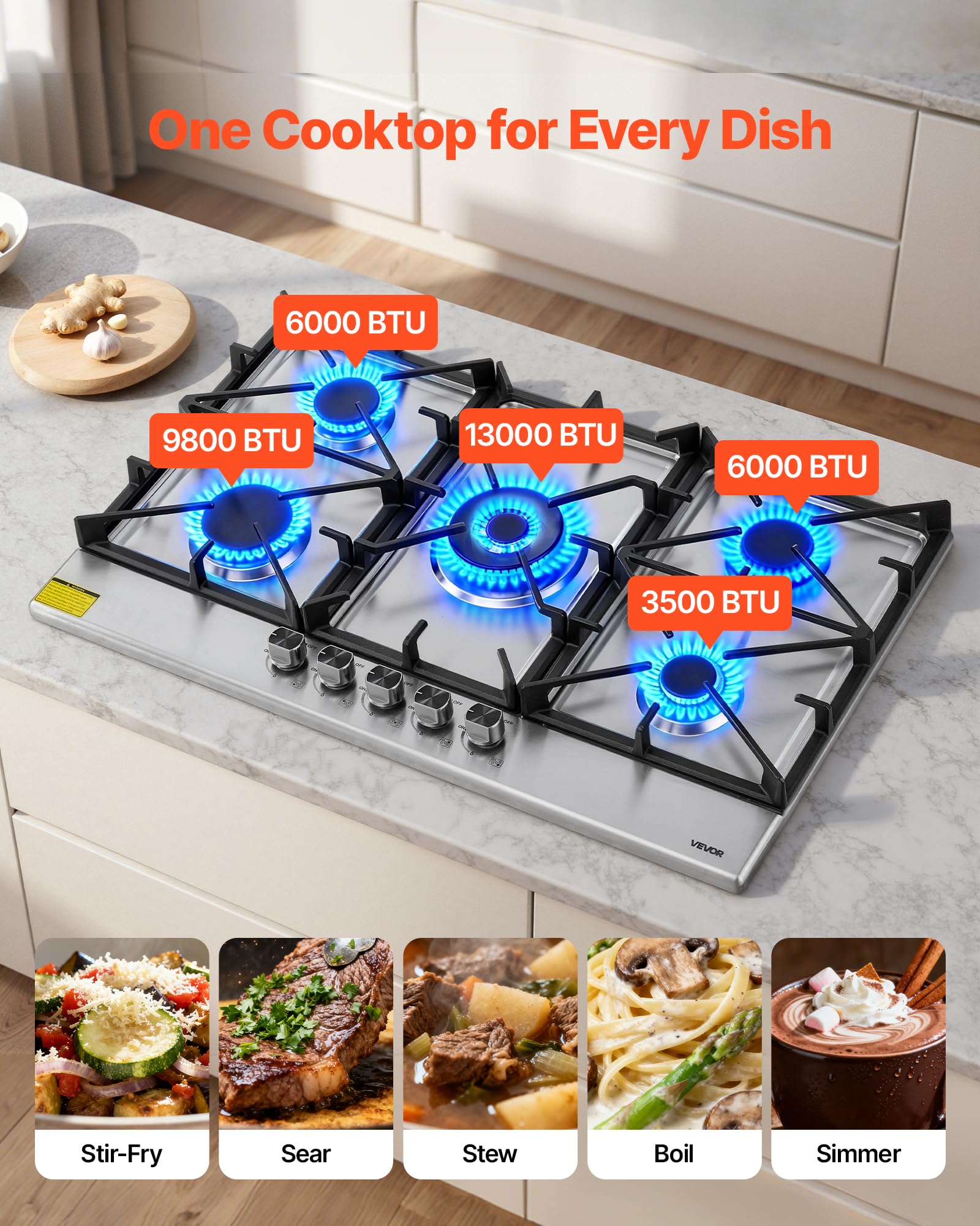 VEVOR 36 inch Gas Cooktop 5 Burners Gas Stove Top, Max 38300BTU Built-in Stainless Steel Stove Top LPG/NG Convertible Dual Fuel Cooktop Stoves with SABAF Dual-Ring Burner for Kitchen Apartment Rvs - 3