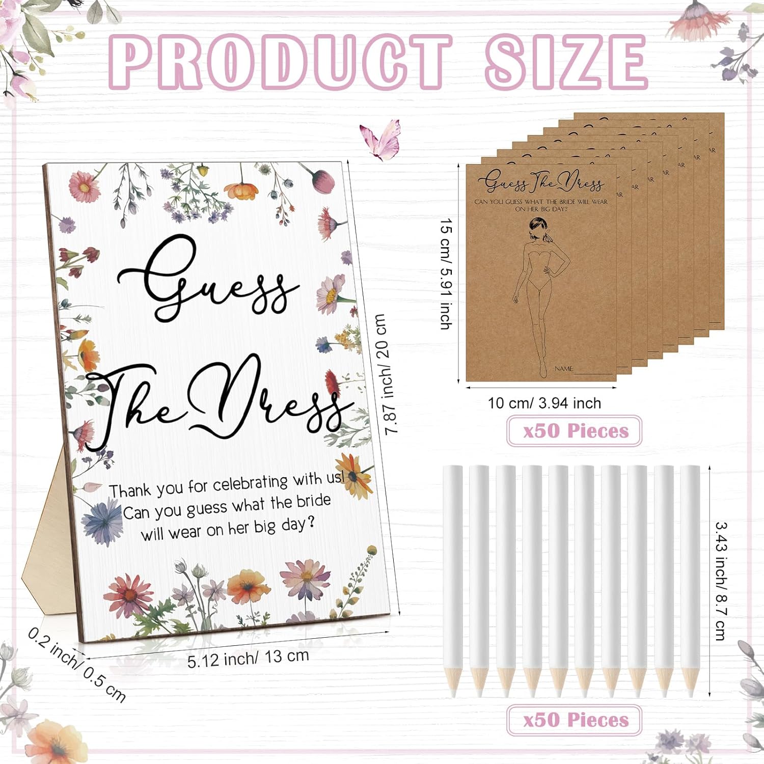 Seajan 50 Sets Guess The Dress Bridal Shower Game Wooden Sign Fun Bridal Shower Games Table Sign 50 Small Guessing Cards 50 Pencils for Guests Wedding Bachelorette Party Supplies(Wild Flowers)