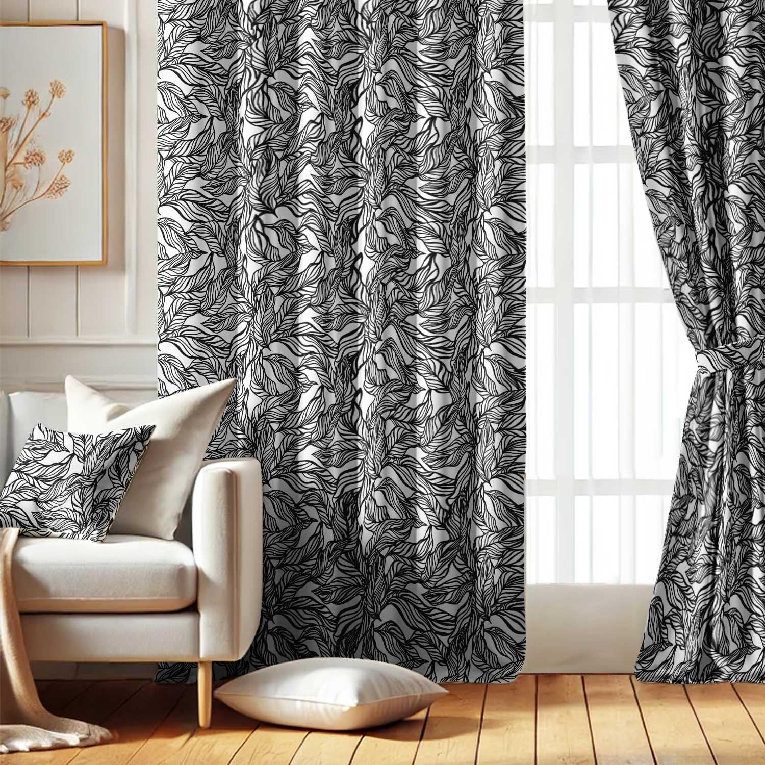 Elegant Abstract Leaf Pattern Curtains - Set of 2 Whiteout Panels, 42 x 63 Inches - Noise Reducing & Energy-Efficient Room Darkening Window/Door Drapes for Modern Home Decor - White