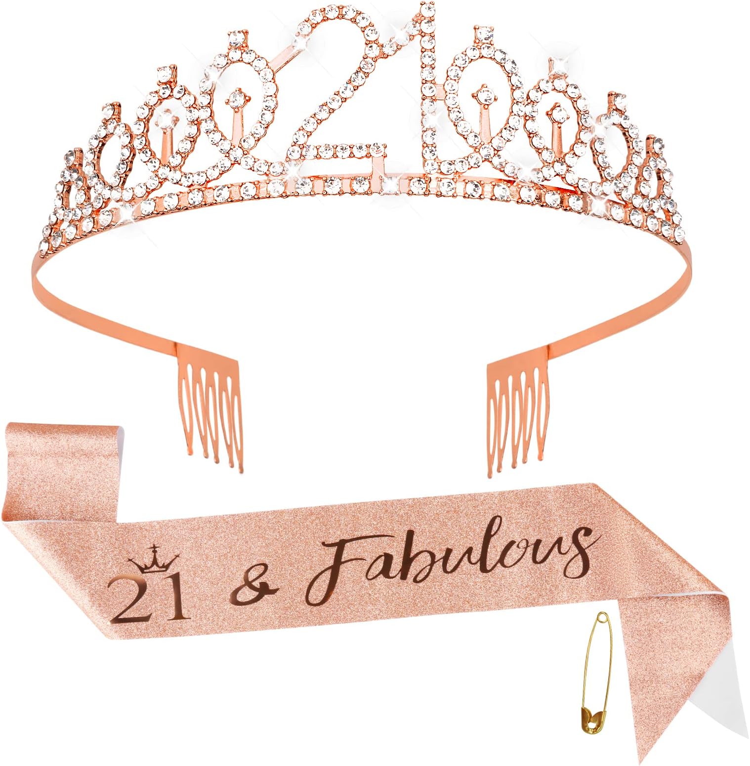 Fowecelt 21st Birthday Sash Tiara - Rose Gold Birthday Queen Tiara and Sash for Women, Rhinestone Crowns Kit for 21st Birthday Gifts, Crystal Tiara Satin Sash for 21st Birthday Party