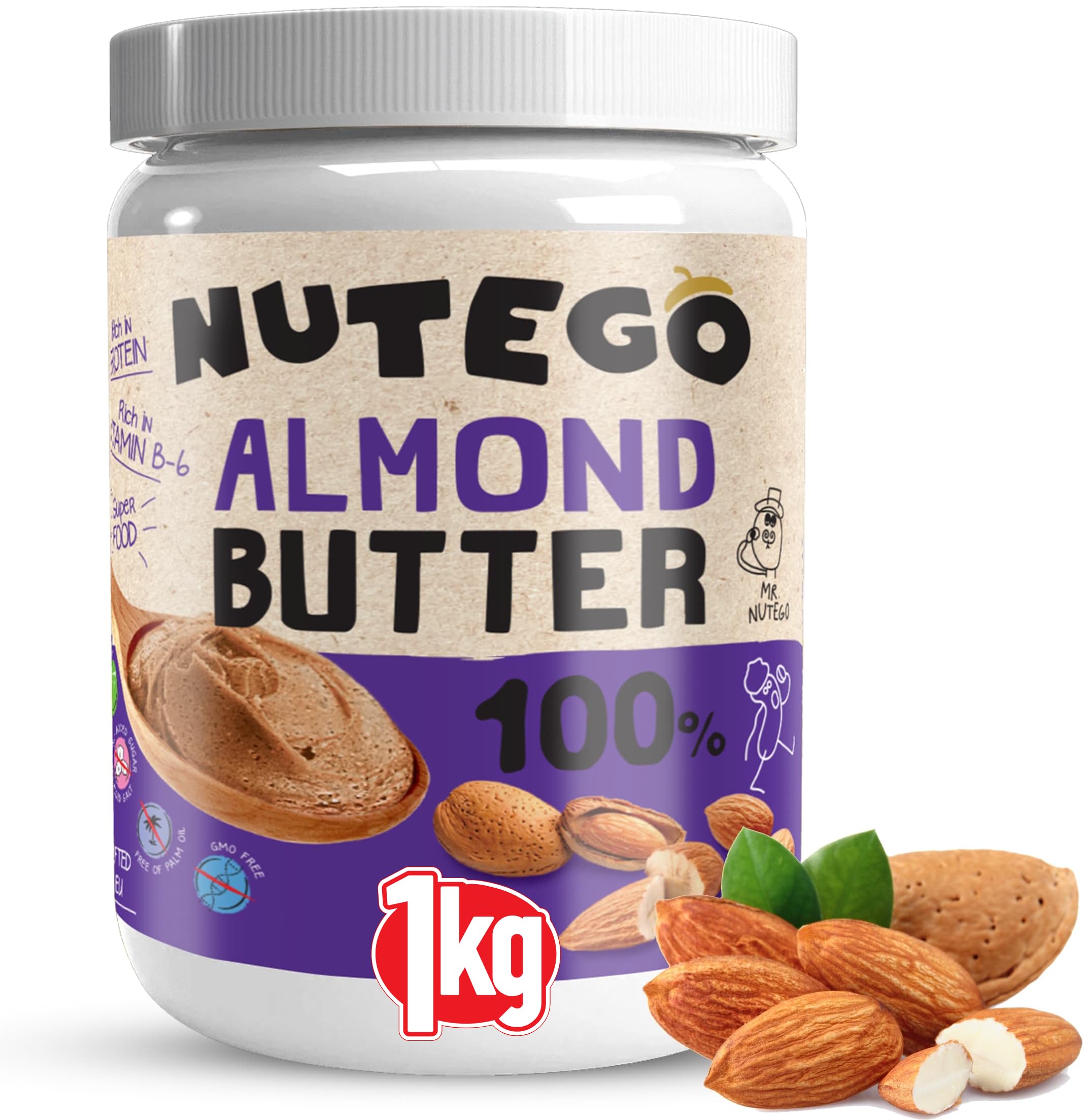 Nutego 100% Beurre d'Amande Crémeux 1 KG – Farine d'Amande Pure – Sans Additifs, Sans Sel, Sucre, Huile de Palme – Végan, Sans Lactose, Sans OGM