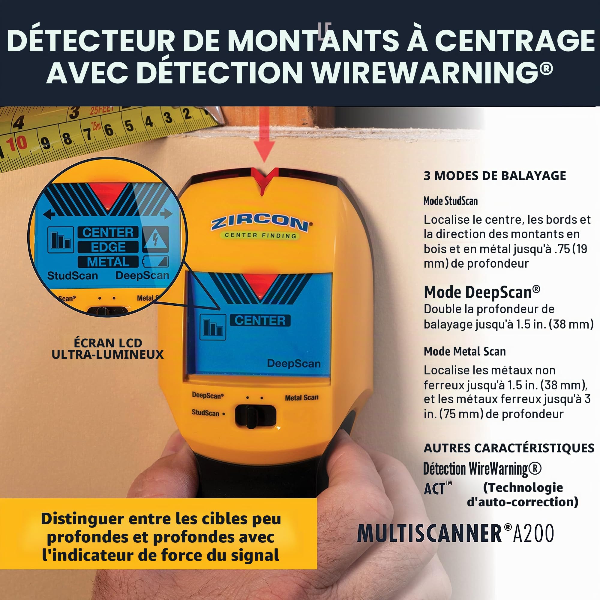 Zircon Multiscanner A200 Scanner Mural électronique/détecteur de métaux/détection de Fils AC avec pointeur SpotLite